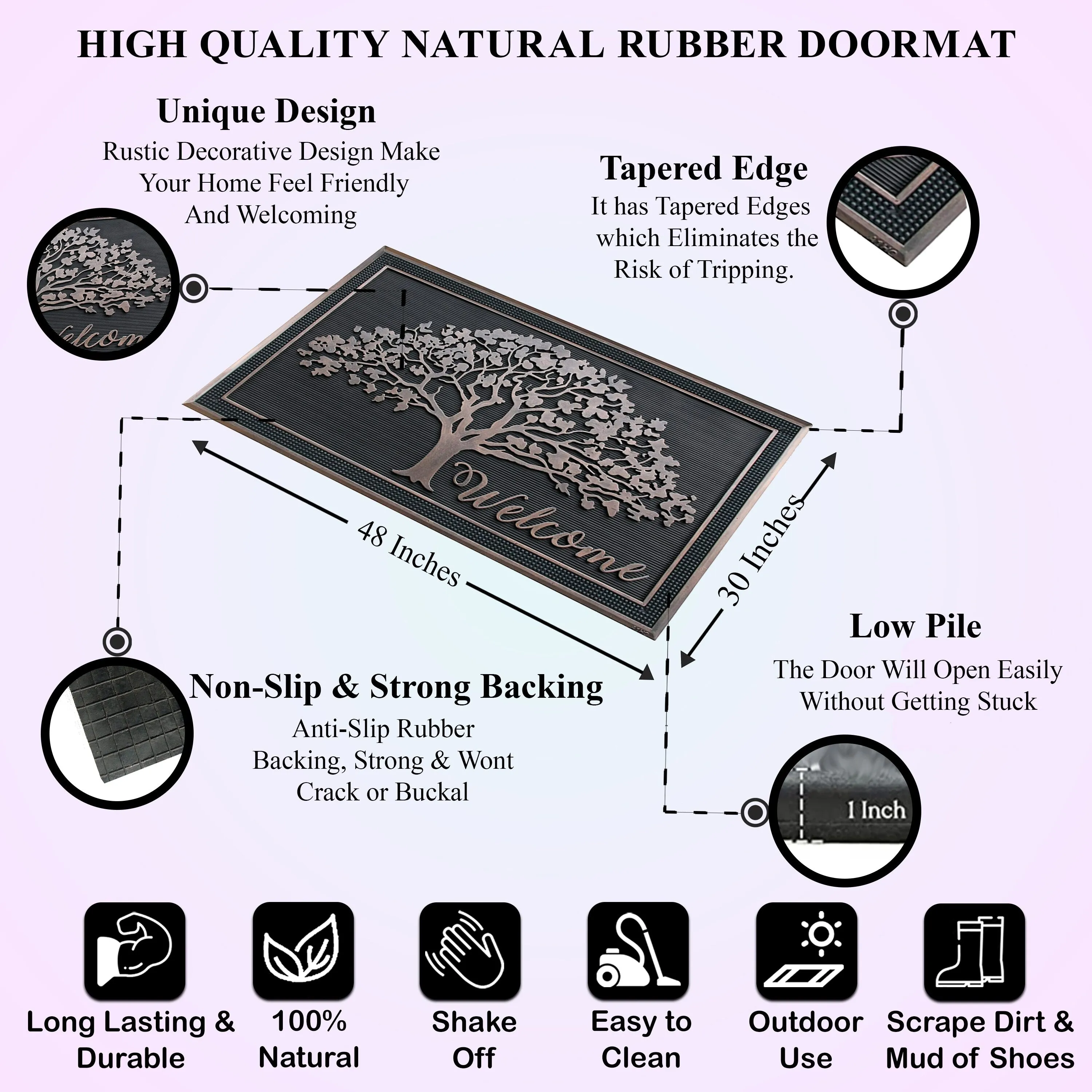 A1HC 100% Rubber Front Door Mat. All Season Large Size. Thin Profile Heavy Duty Doormat for Indoor Outdoor Use