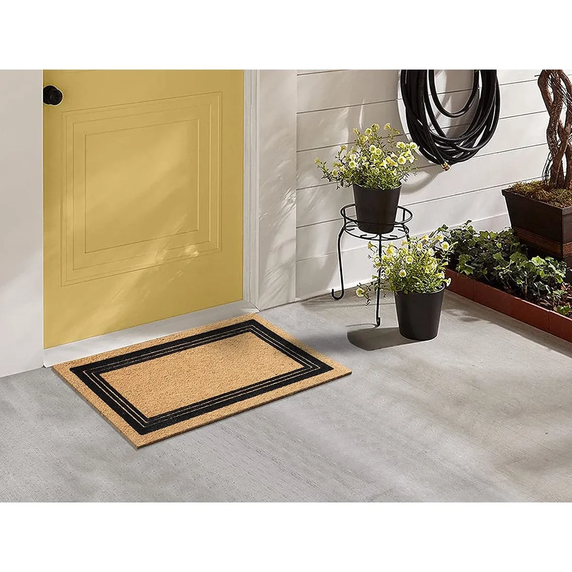A1HC Classic Border Entrance Door Mats. Durable Large Outdoor Rug. Non-Slip. Flock Doormat Black/Beige