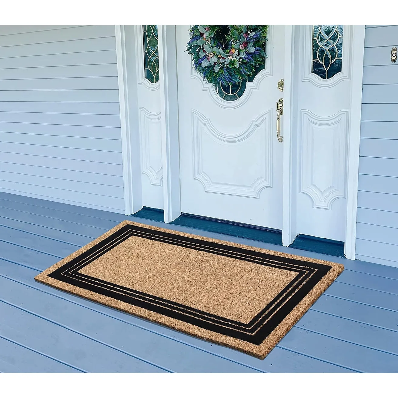 A1HC Classic Border Entrance Door Mats. Durable Large Outdoor Rug. Non-Slip. Flock Doormat Black/Beige