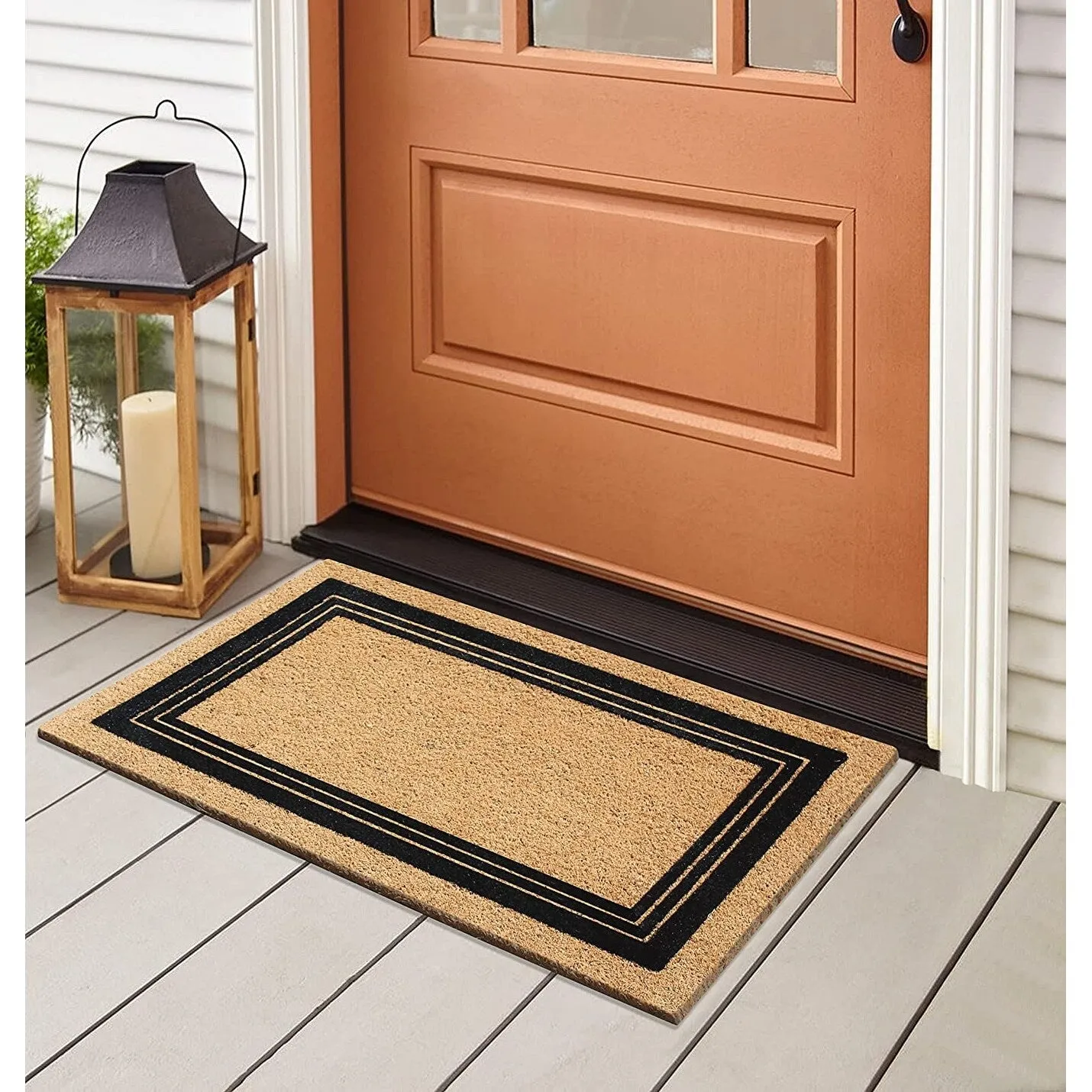 A1HC Classic Border Entrance Door Mats. Durable Large Outdoor Rug. Non-Slip. Flock Doormat Black/Beige