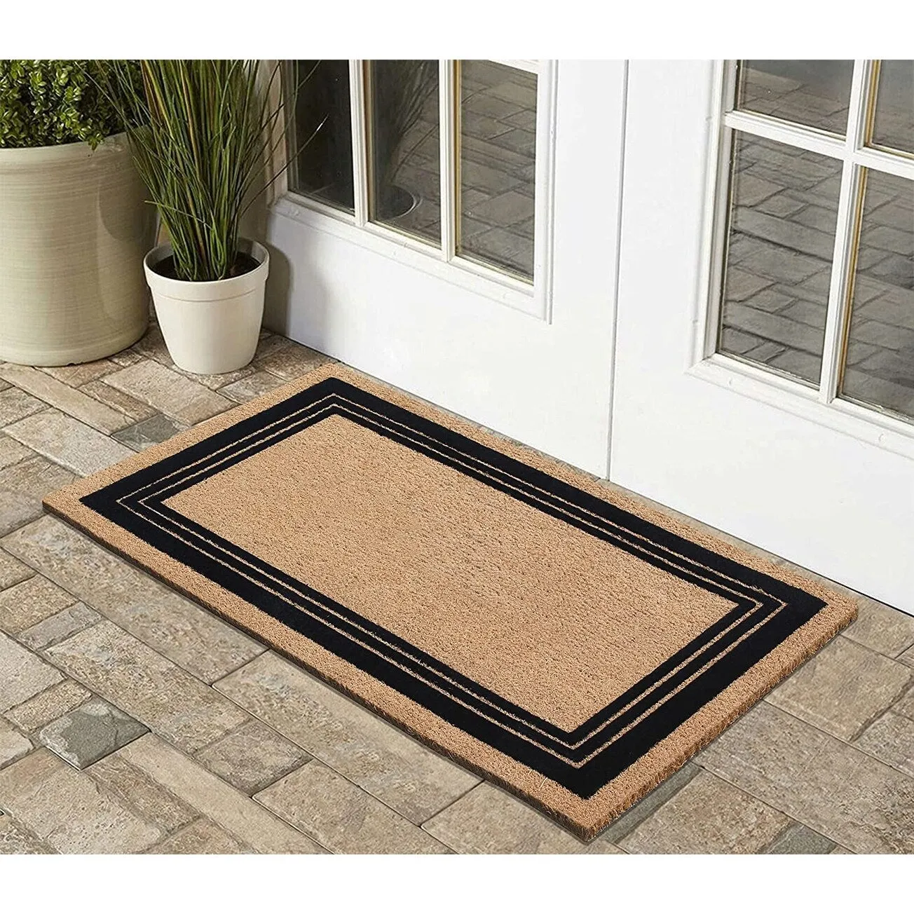 A1HC Classic Border Entrance Door Mats. Durable Large Outdoor Rug. Non-Slip. Flock Doormat Black/Beige