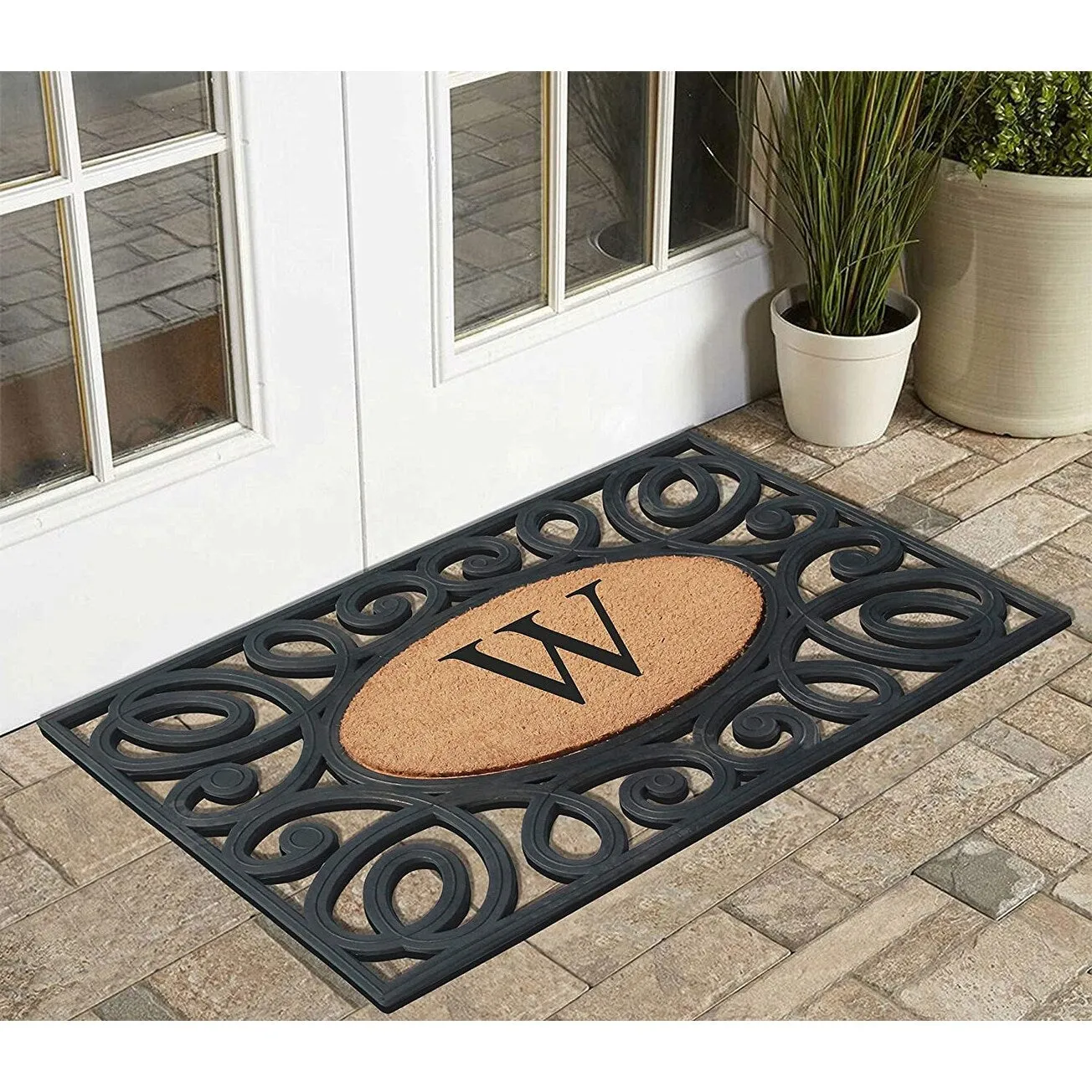 A1HC Rubber and Coir Elegant Circles. Monogrammed Double Door Doormat