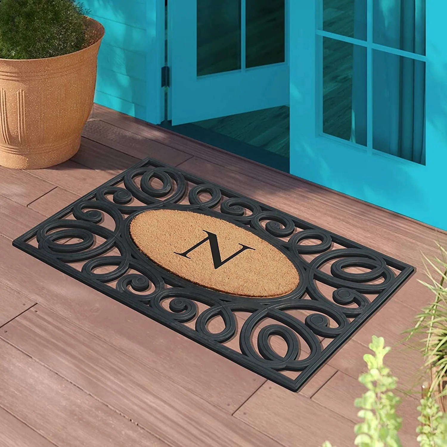 A1HC Rubber and Coir Elegant Circles. Monogrammed Double Door Doormat