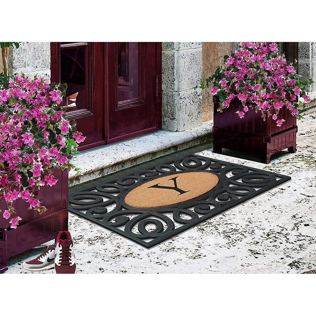 A1HC Rubber and Coir Elegant Circles. Monogrammed Double Door Doormat