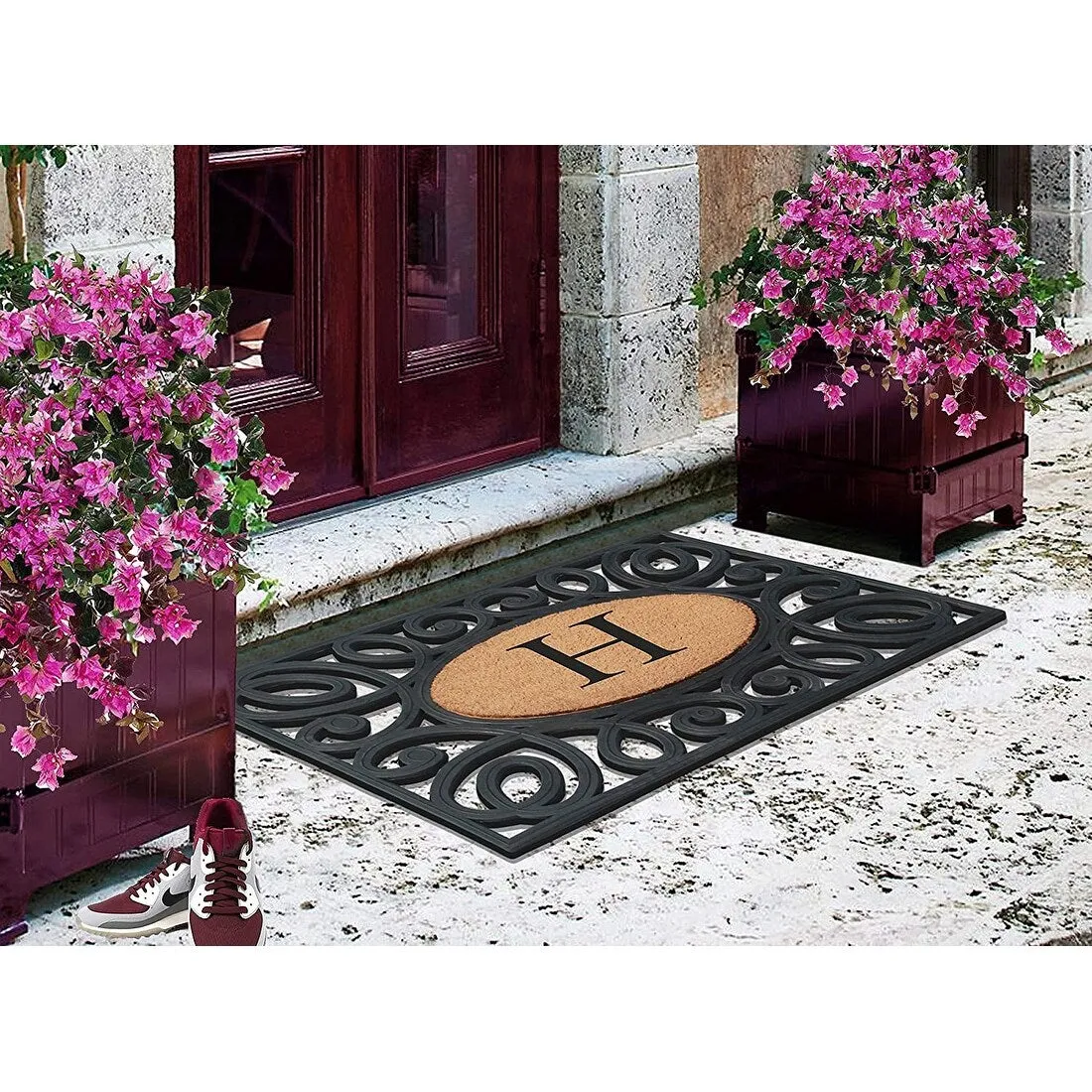 A1HC Rubber and Coir Elegant Circles. Monogrammed Double Door Doormat