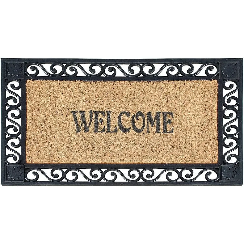 A1HC Welcome Rubber Paisley Border Outdoor Double Doormat 23X38 Black