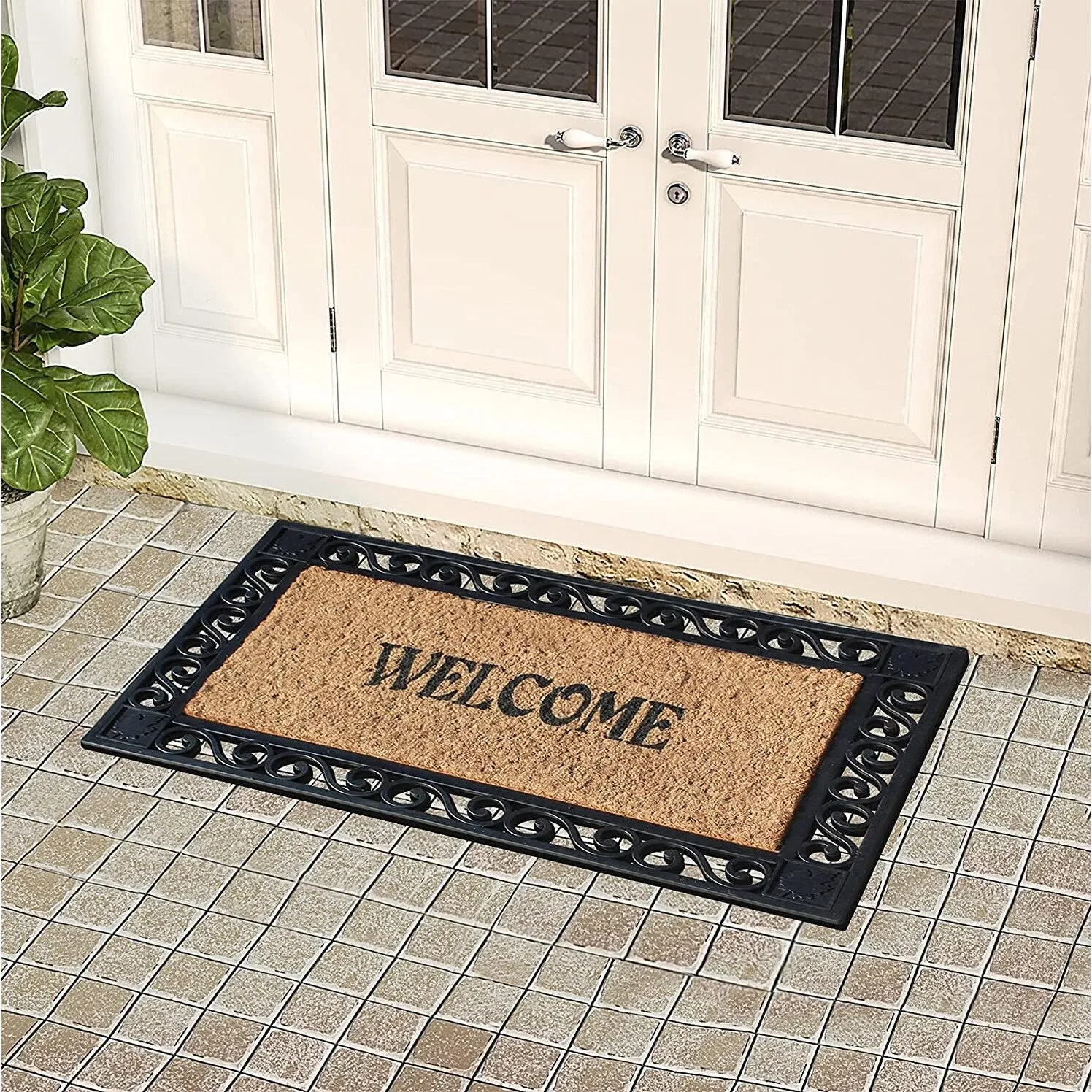 A1HC Welcome Rubber Paisley Border Outdoor Double Doormat 23X38 Black
