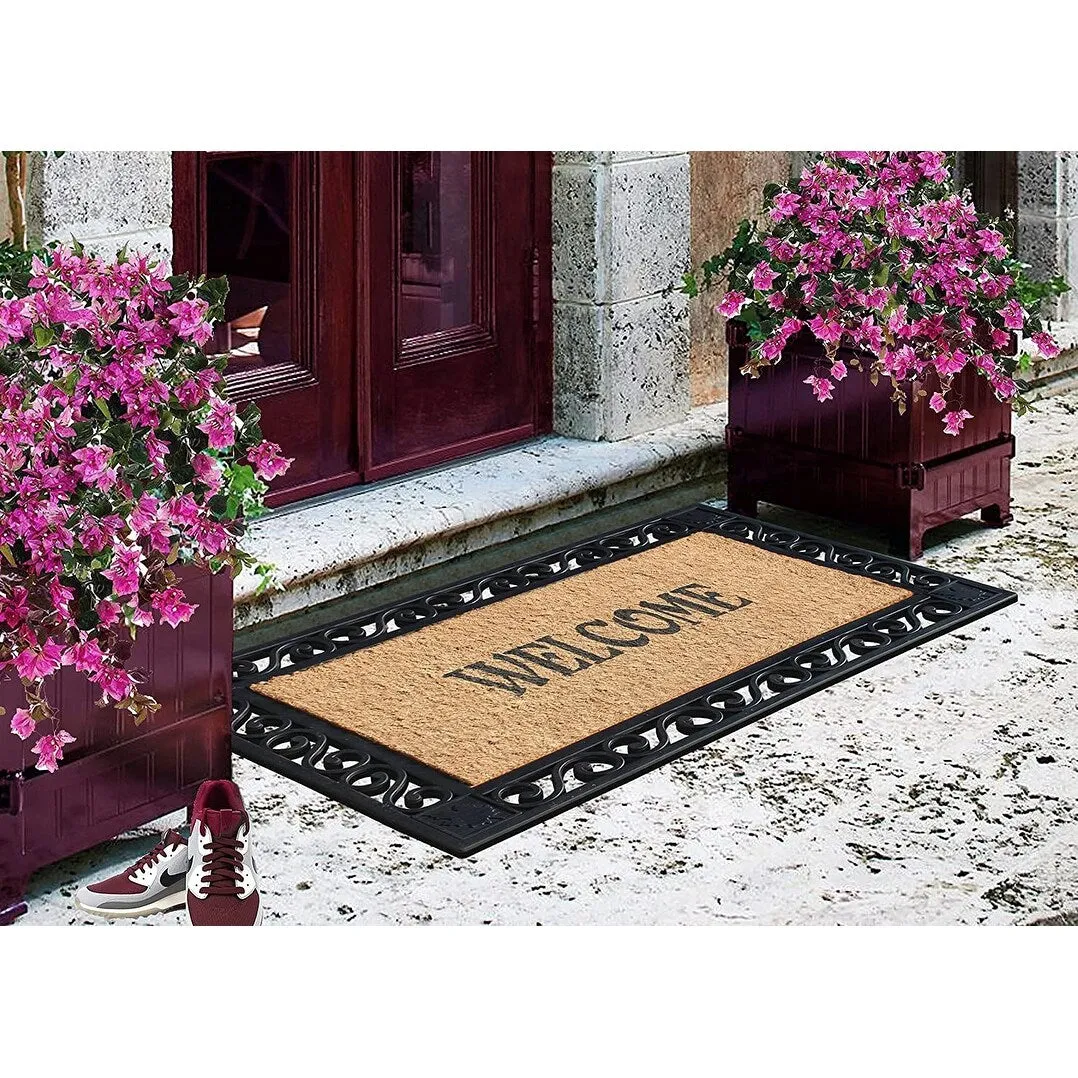 A1HC Welcome Rubber Paisley Border Outdoor Double Doormat 23X38 Black