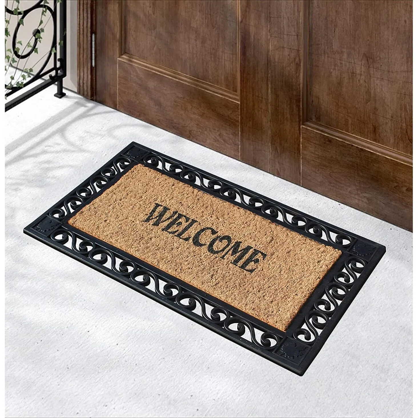 A1HC Welcome Rubber Paisley Border Outdoor Double Doormat 23X38 Black