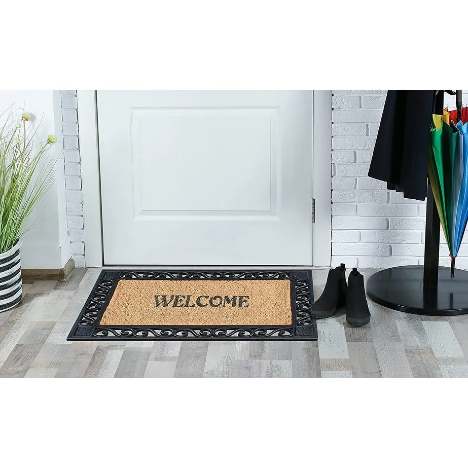 A1HC Welcome Rubber Paisley Border Outdoor Double Doormat 23X38 Black