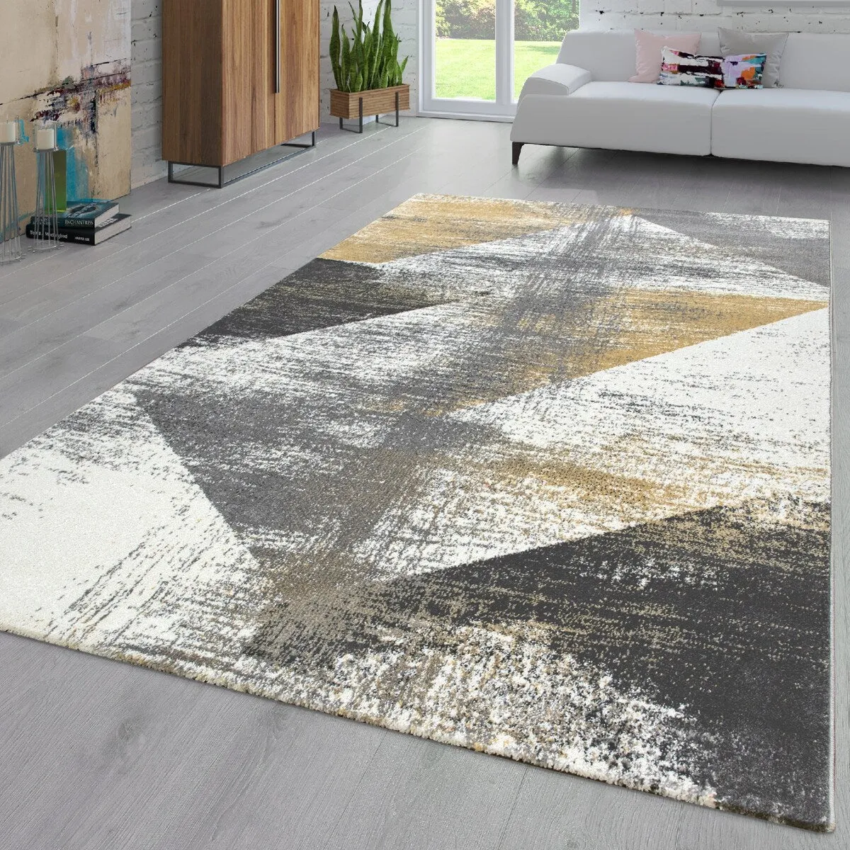 Abstract Area Rug with Geometric Designer Pattern and Faded Colors