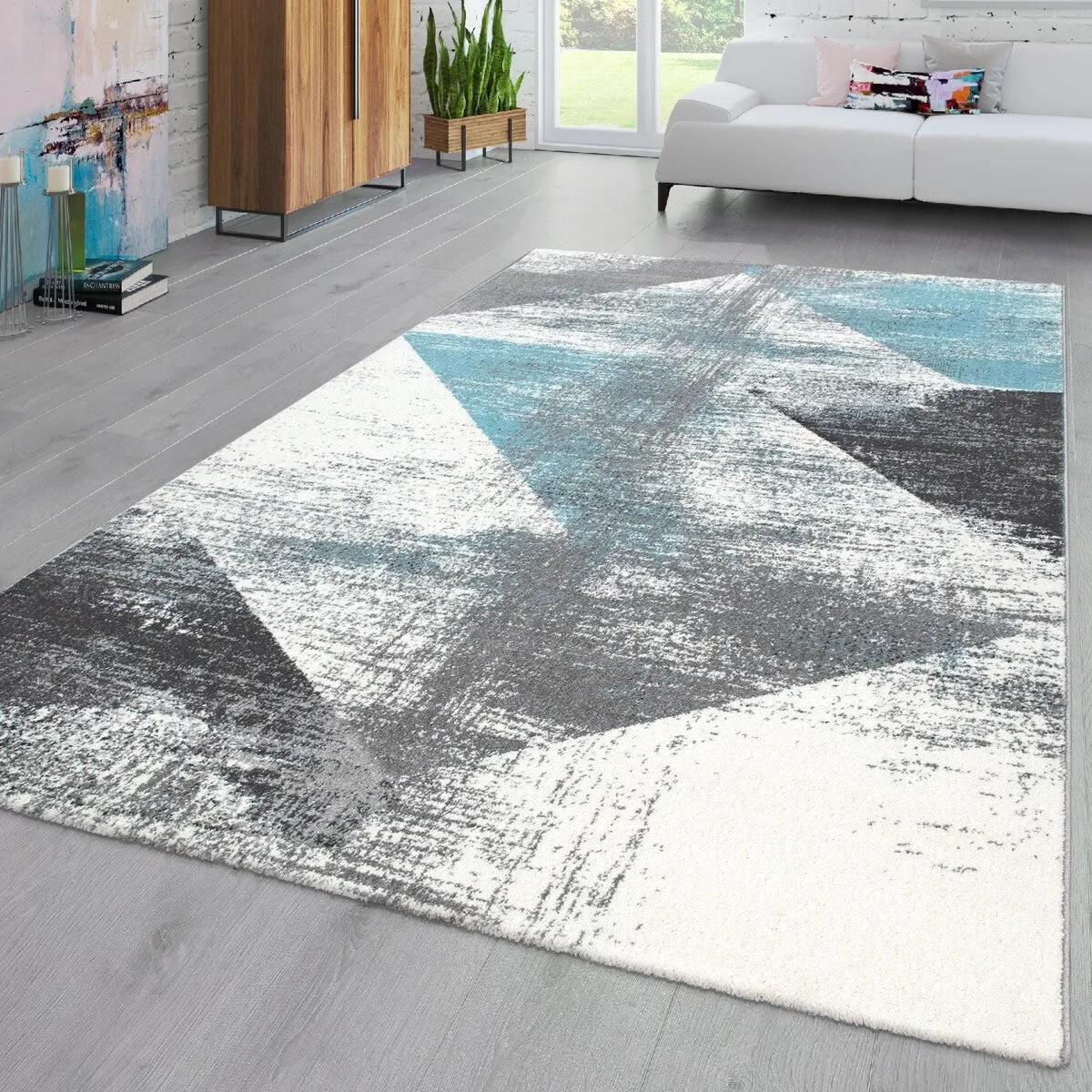Abstract Area Rug with Geometric Designer Pattern and Faded Colors