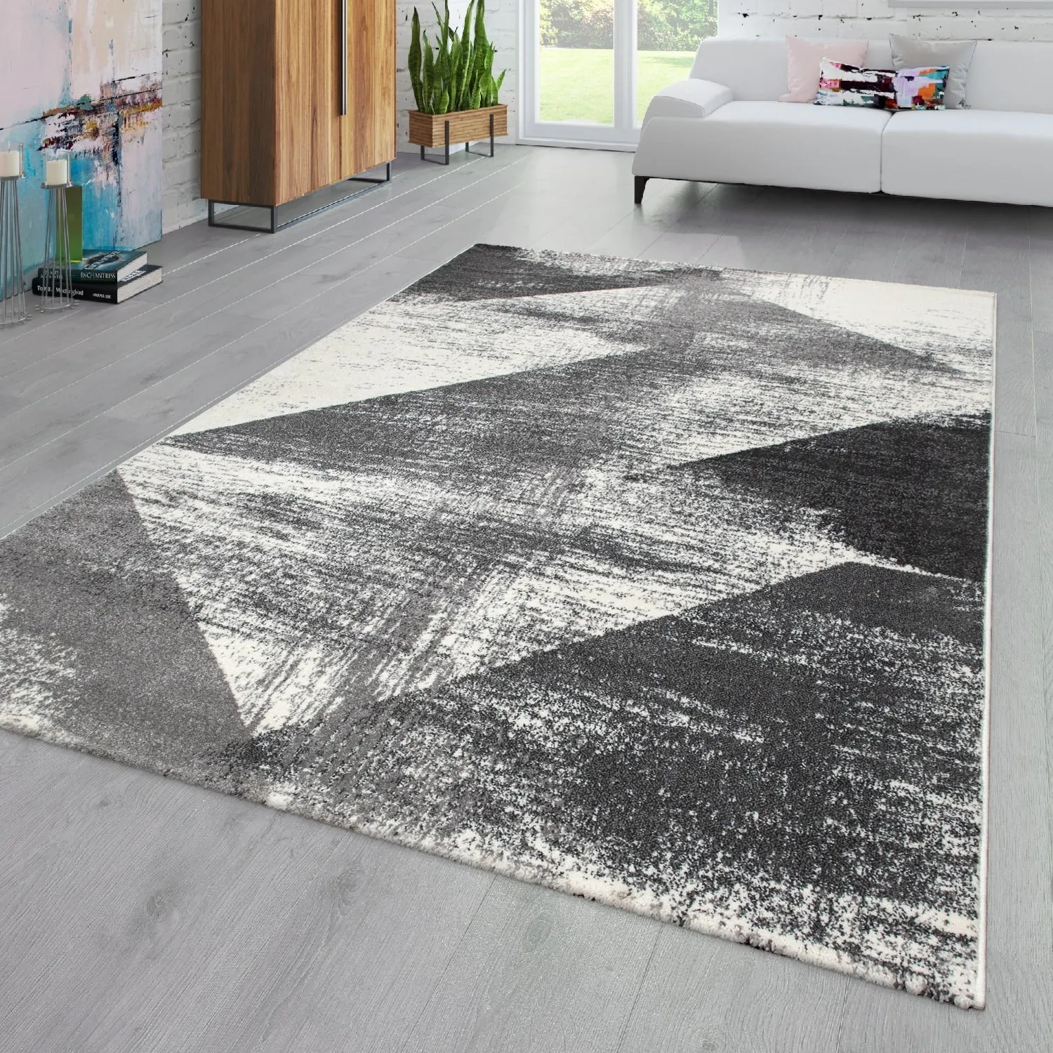 Abstract Area Rug with Geometric Designer Pattern and Faded Colors