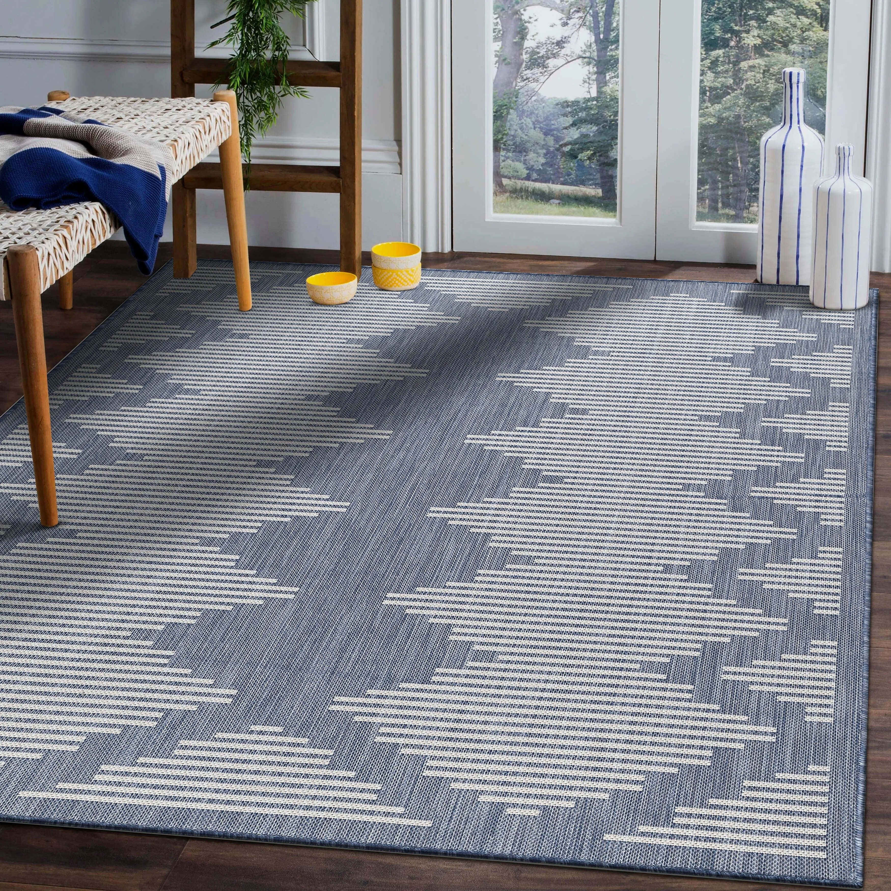 Beverly Rug Blue Geometric Indoor Outdoor Rug. Outside Carpet for Patio. Deck. Porch