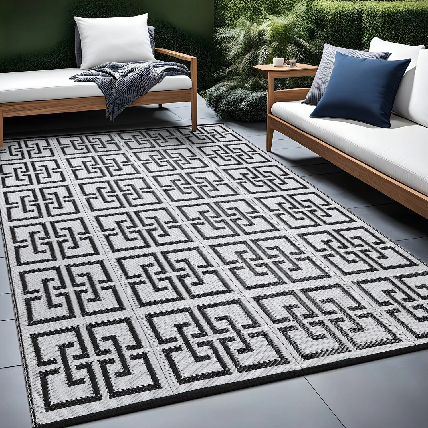 Beverly Rug Geometric Greek Key Outdoor Rug Waterproof for Patio. RV Camping