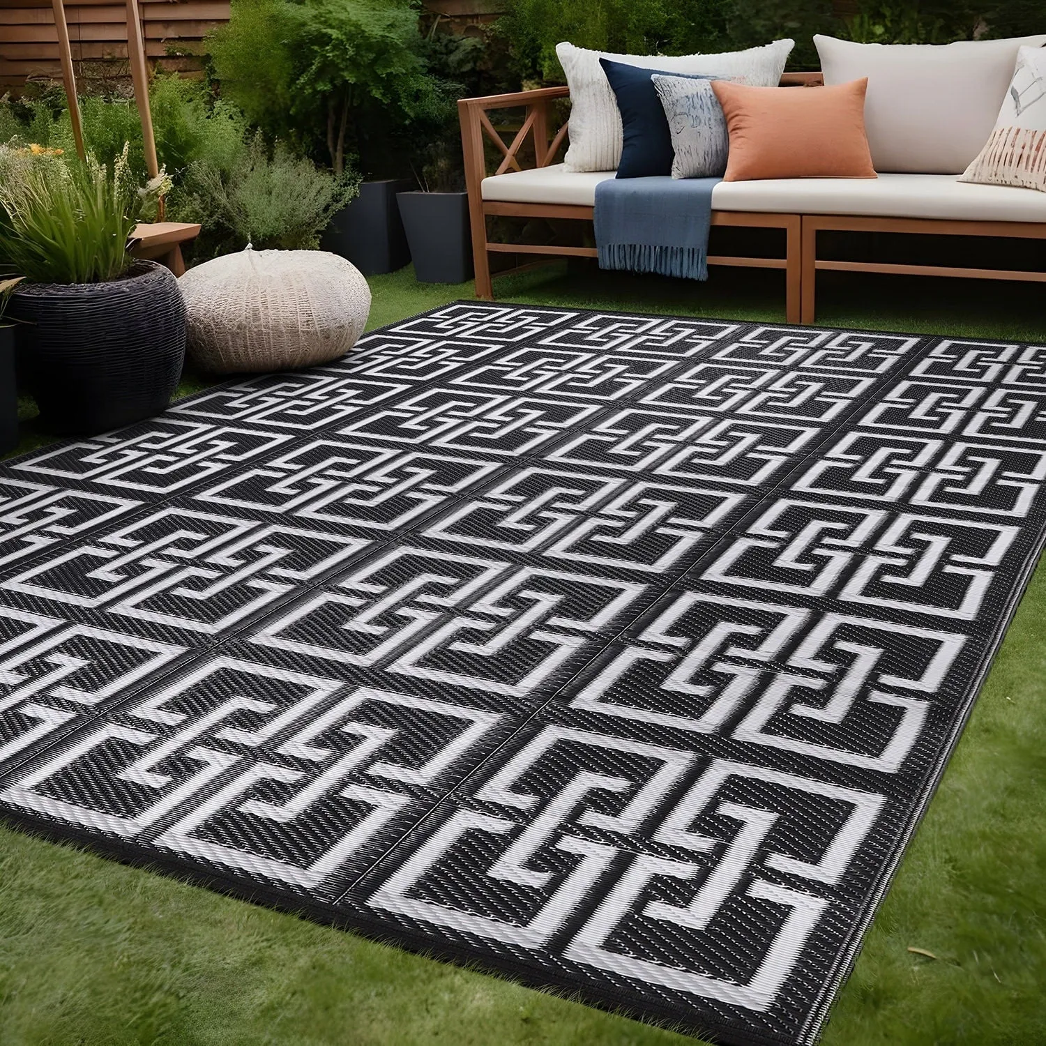 Beverly Rug Geometric Greek Key Outdoor Rug Waterproof for Patio. RV Camping