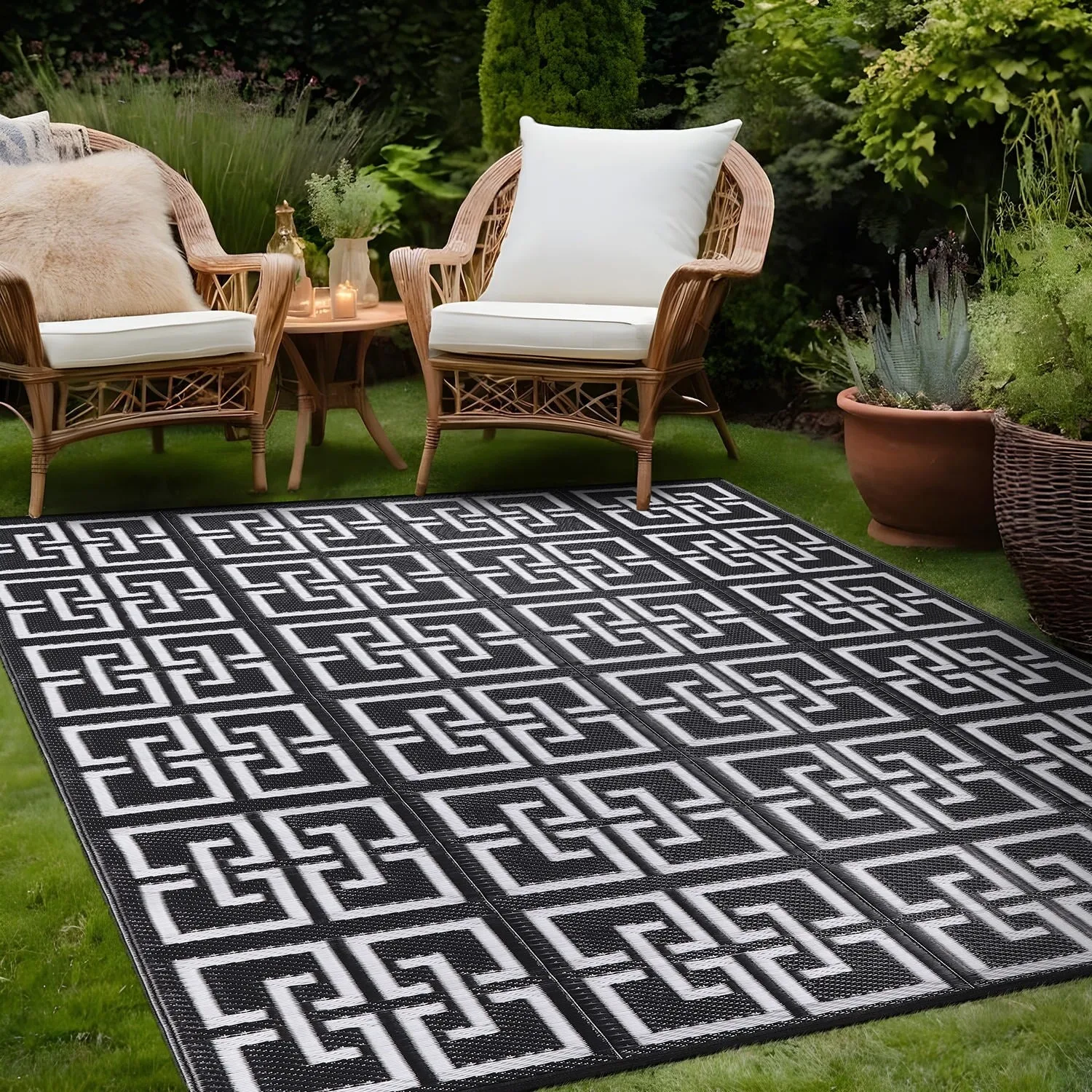 Beverly Rug Geometric Greek Key Outdoor Rug Waterproof for Patio. RV Camping