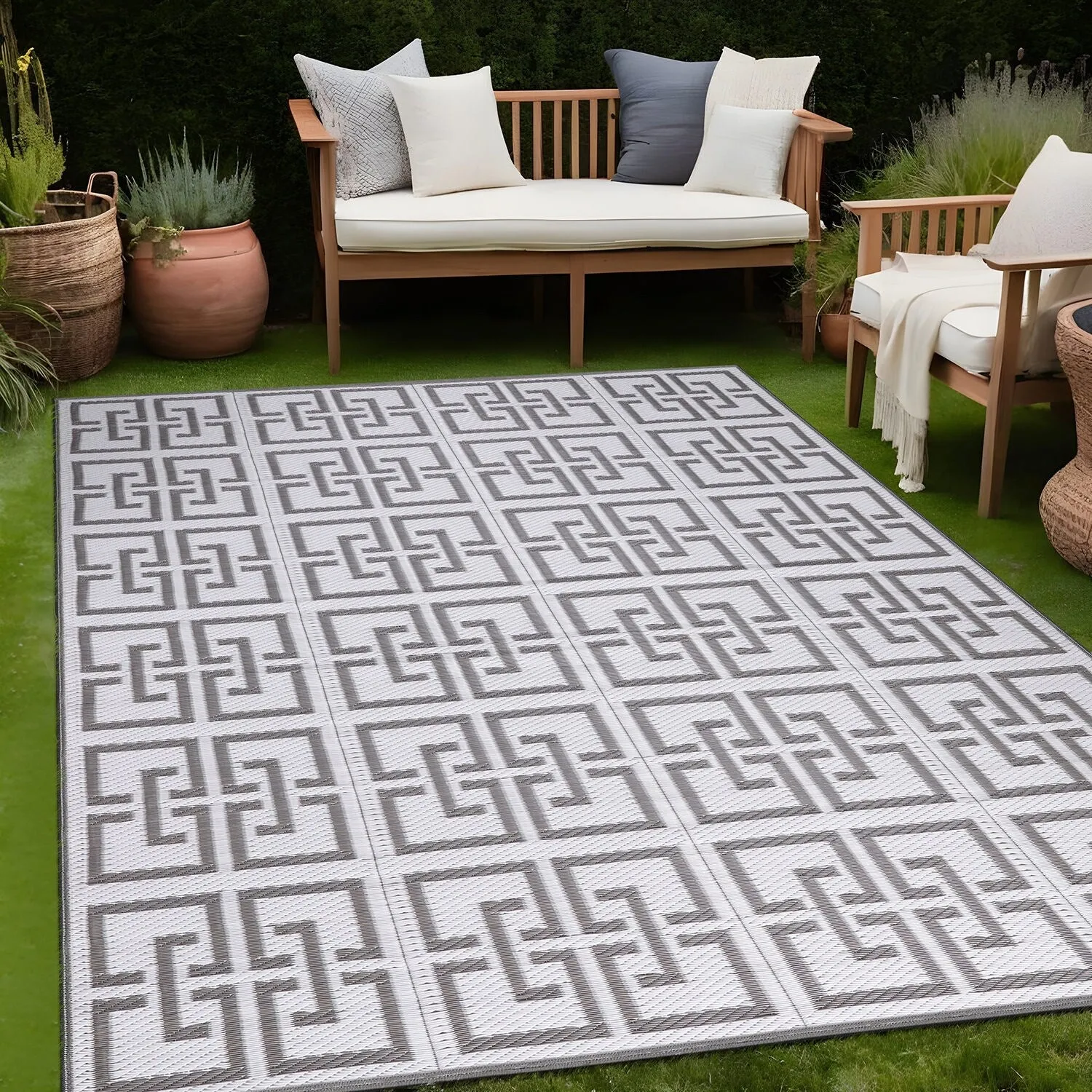 Beverly Rug Geometric Greek Key Outdoor Rug Waterproof for Patio. RV Camping