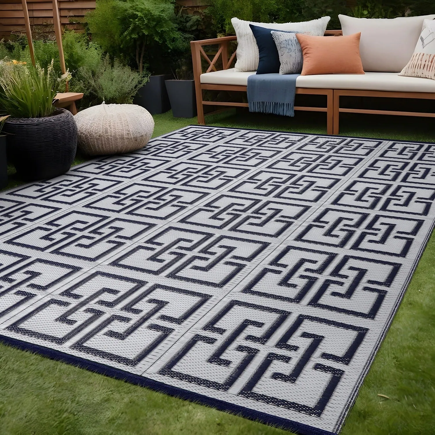 Beverly Rug Geometric Greek Key Outdoor Rug Waterproof for Patio. RV Camping
