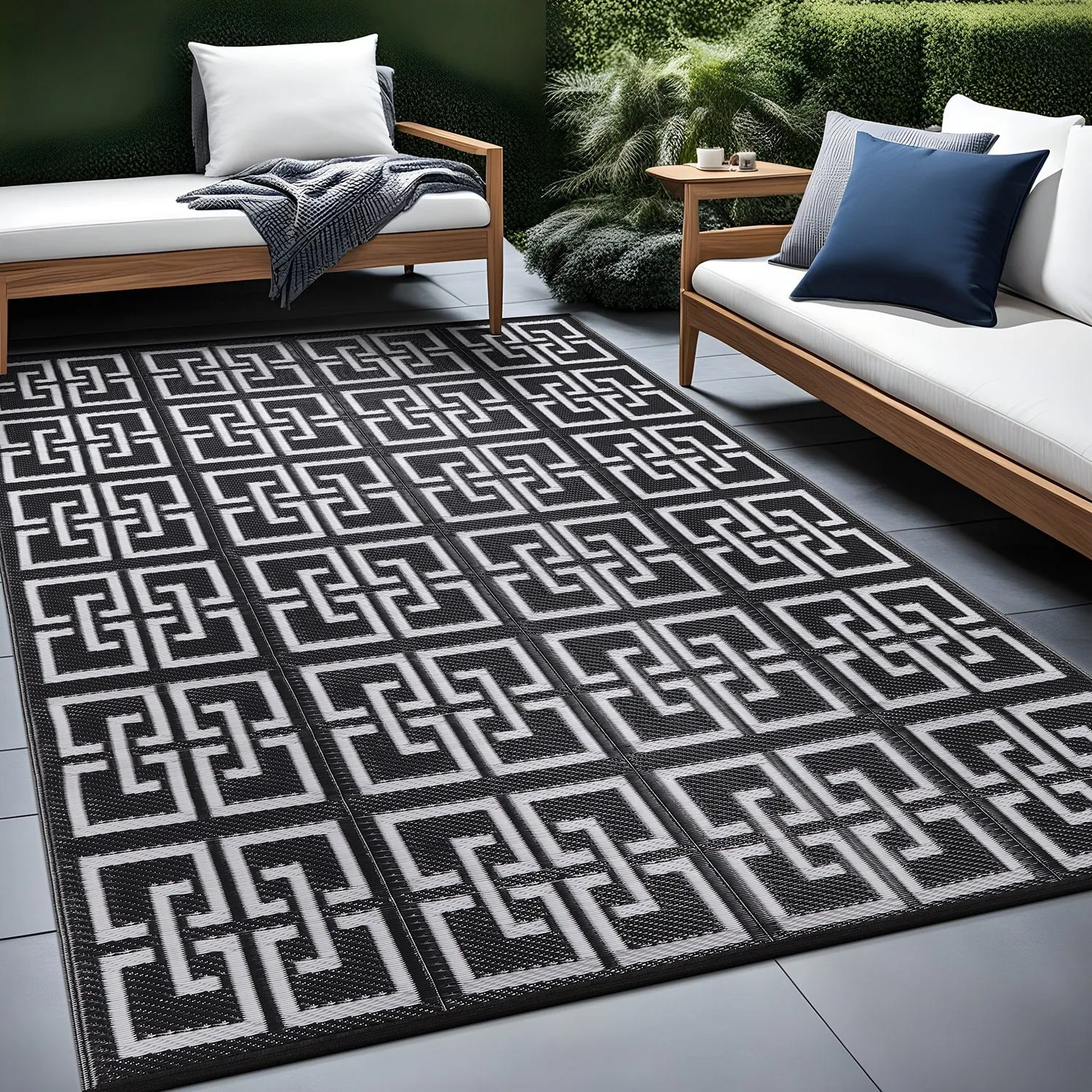 Beverly Rug Geometric Greek Key Outdoor Rug Waterproof for Patio. RV Camping