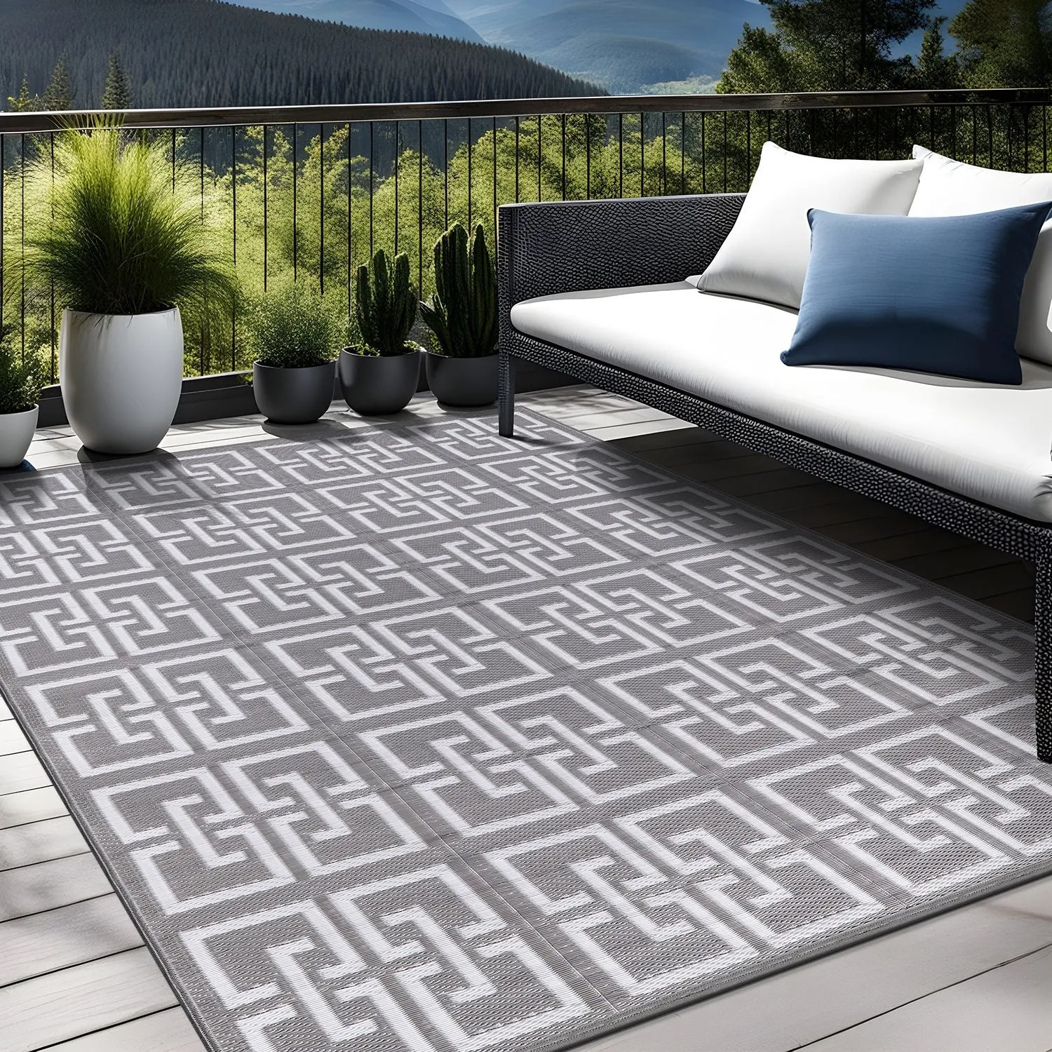 Beverly Rug Geometric Greek Key Outdoor Rug Waterproof for Patio. RV Camping