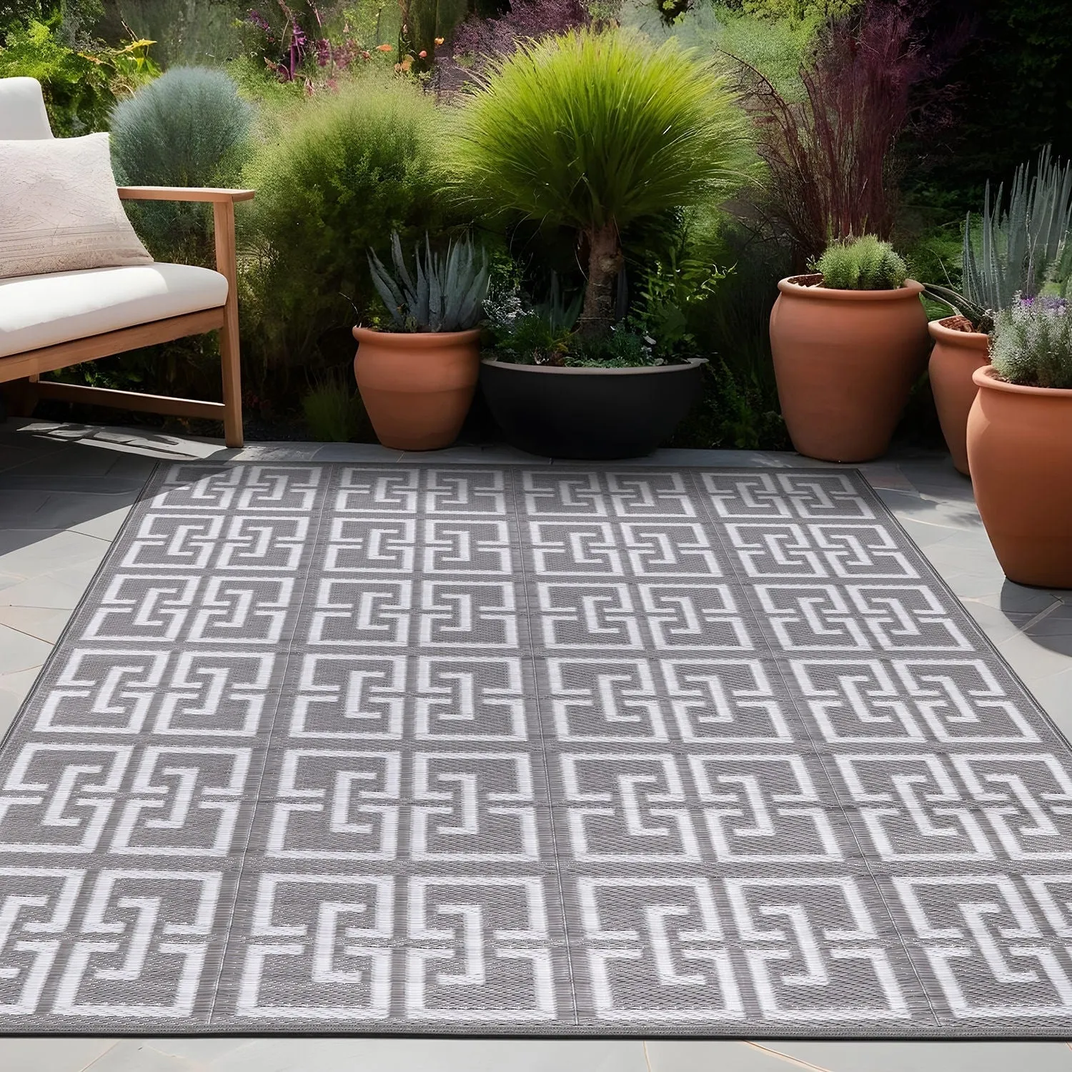 Beverly Rug Geometric Greek Key Outdoor Rug Waterproof for Patio. RV Camping