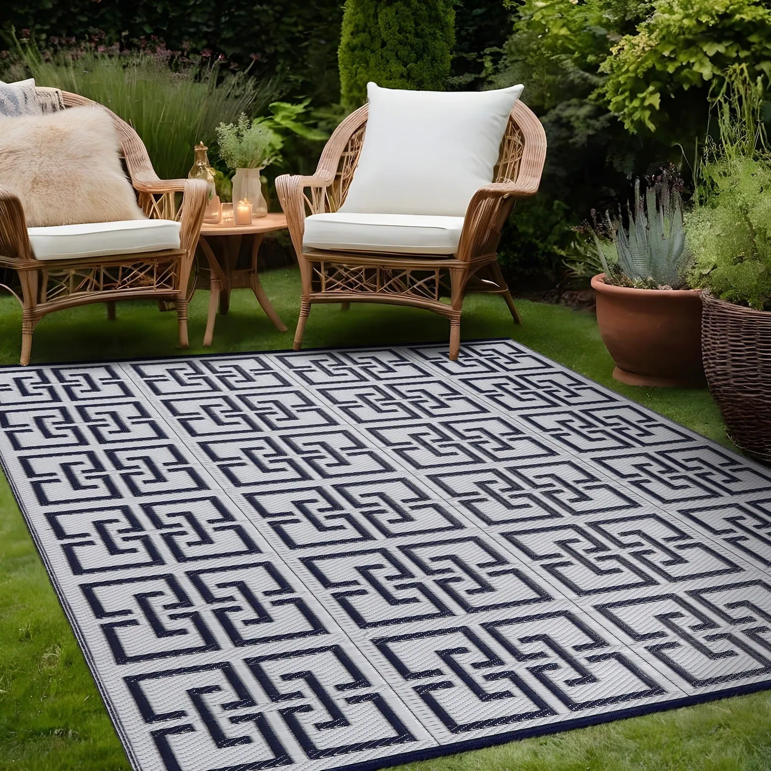Beverly Rug Geometric Greek Key Outdoor Rug Waterproof for Patio. RV Camping