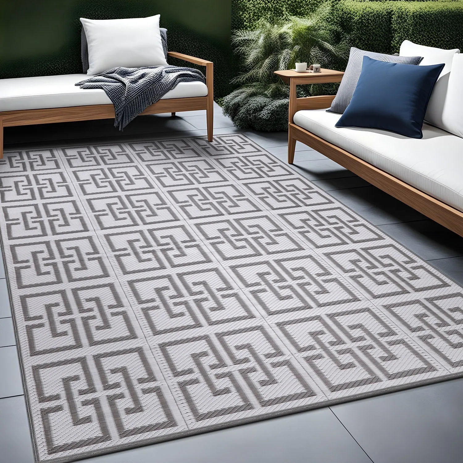 Beverly Rug Geometric Greek Key Outdoor Rug Waterproof for Patio. RV Camping