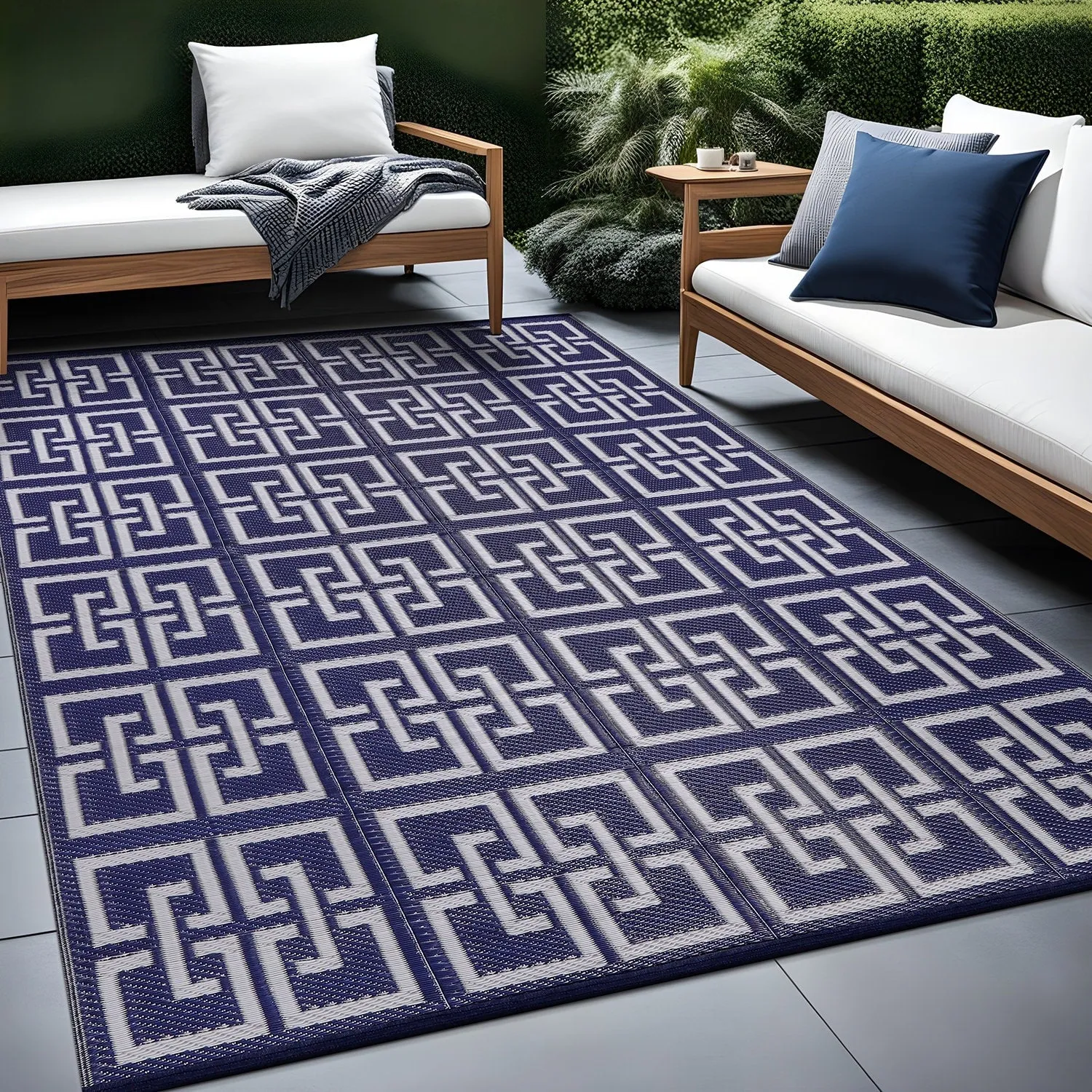 Beverly Rug Geometric Greek Key Outdoor Rug Waterproof for Patio. RV Camping