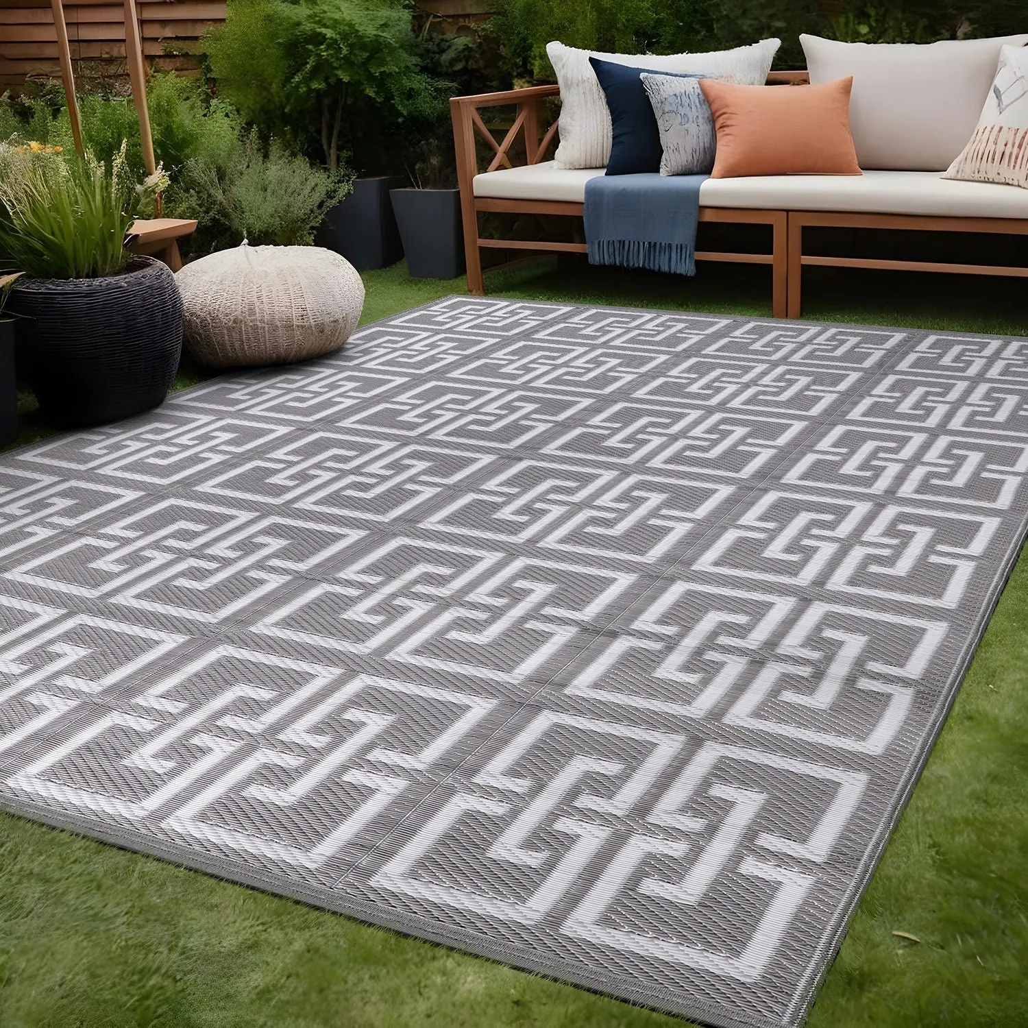 Beverly Rug Geometric Greek Key Outdoor Rug Waterproof for Patio. RV Camping
