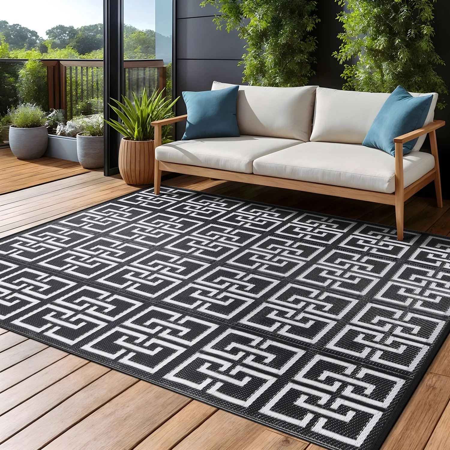 Beverly Rug Geometric Greek Key Outdoor Rug Waterproof for Patio. RV Camping