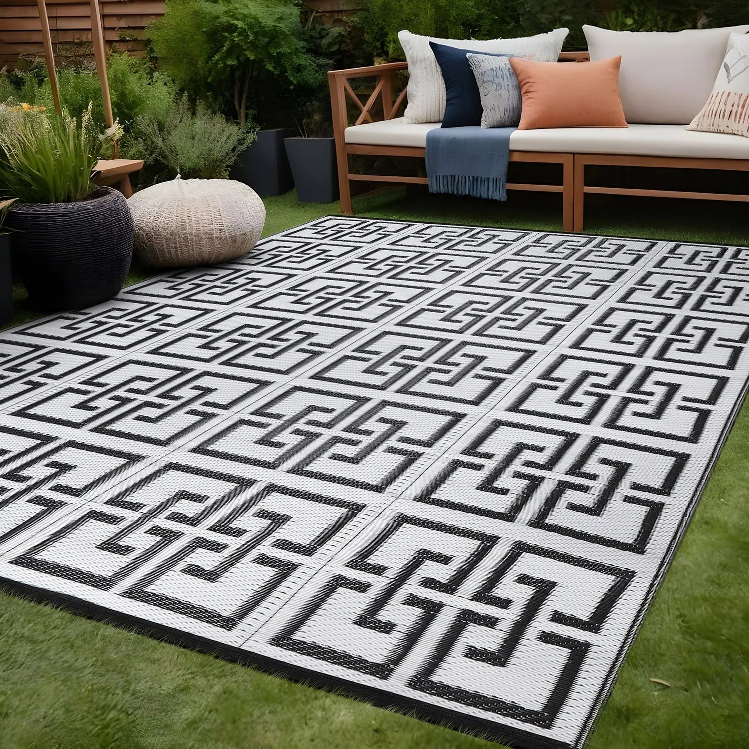 Beverly Rug Geometric Greek Key Outdoor Rug Waterproof for Patio. RV Camping