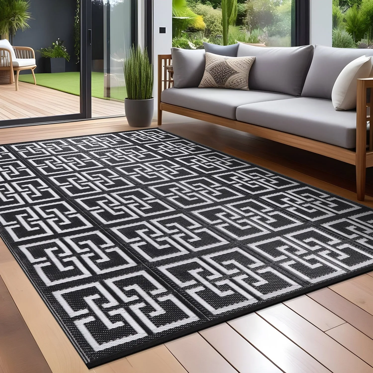 Beverly Rug Geometric Greek Key Outdoor Rug Waterproof for Patio. RV Camping