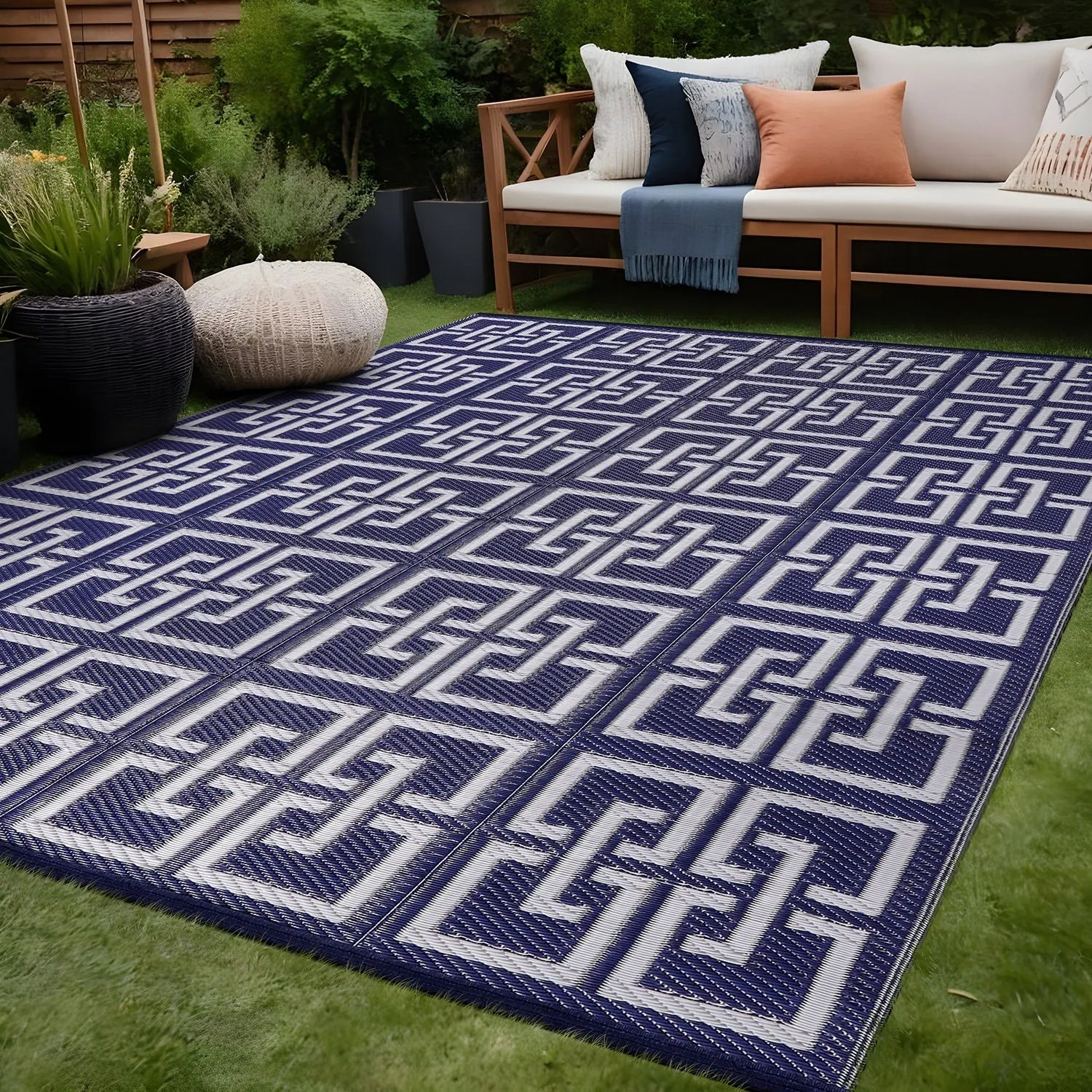 Beverly Rug Geometric Greek Key Outdoor Rug Waterproof for Patio. RV Camping