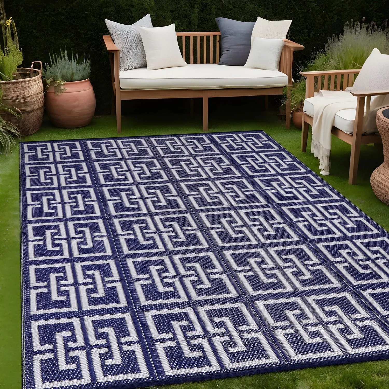 Beverly Rug Geometric Greek Key Outdoor Rug Waterproof for Patio. RV Camping