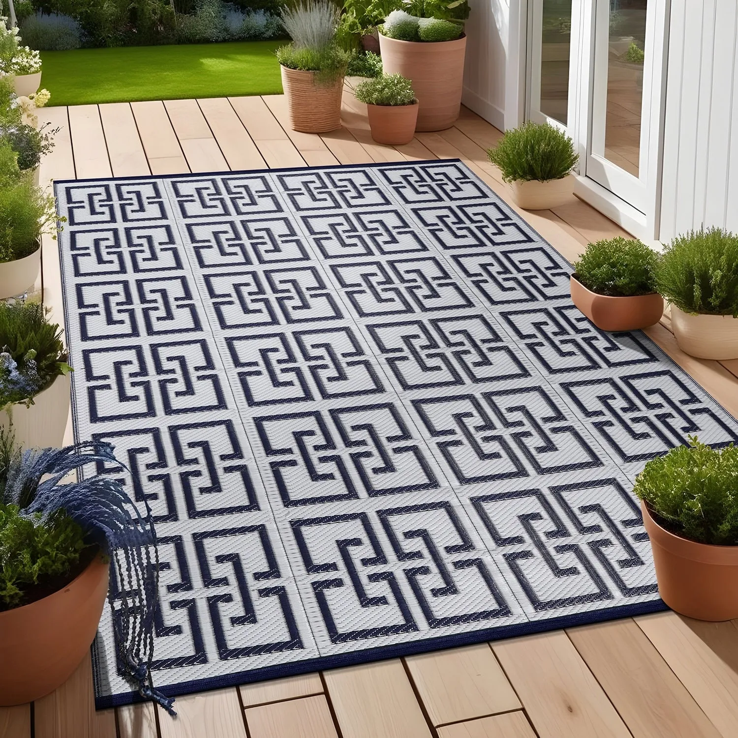 Beverly Rug Geometric Greek Key Outdoor Rug Waterproof for Patio. RV Camping