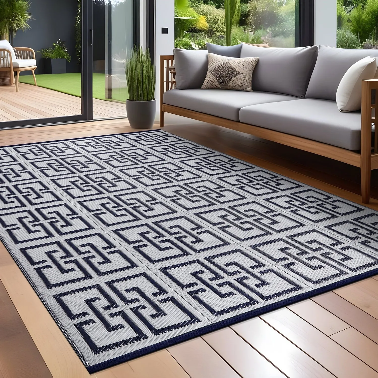 Beverly Rug Geometric Greek Key Outdoor Rug Waterproof for Patio. RV Camping