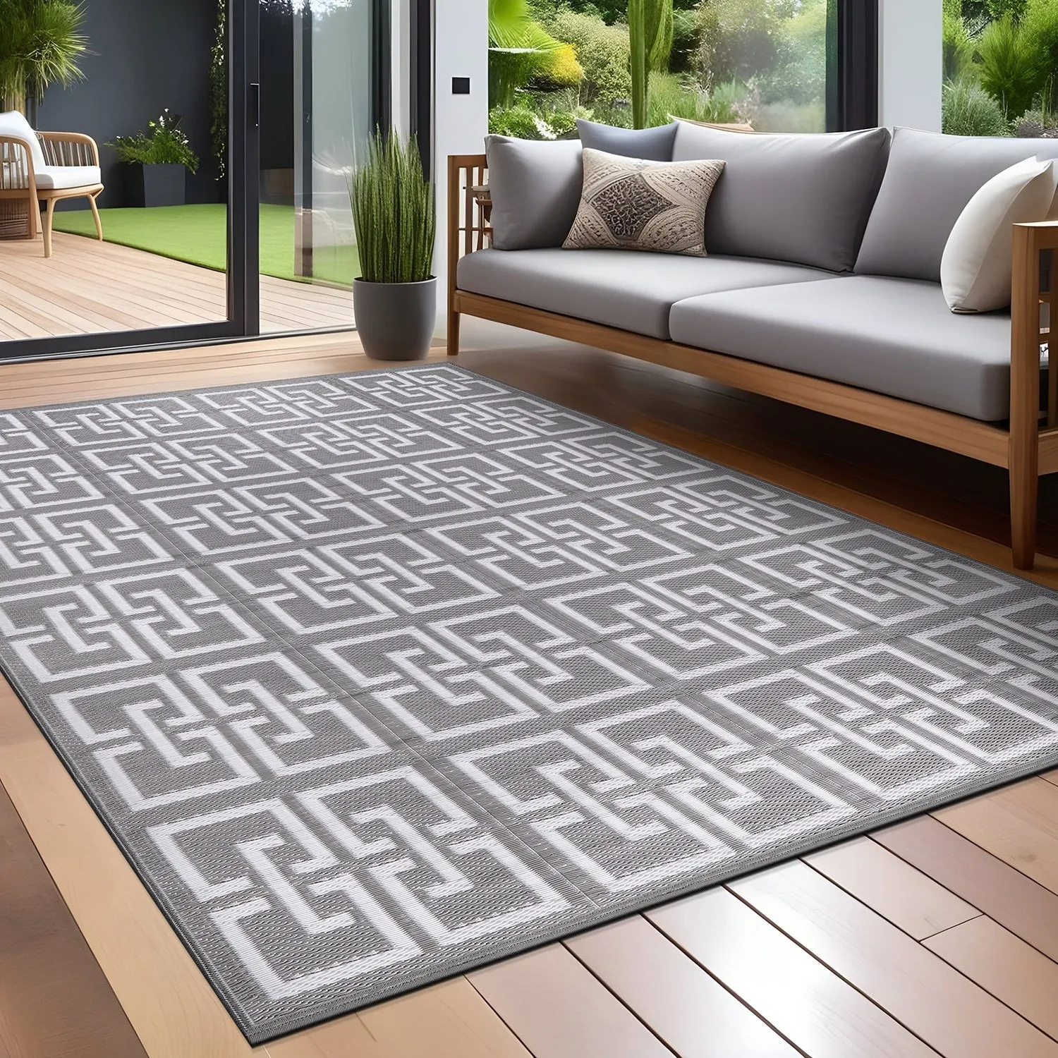 Beverly Rug Geometric Greek Key Outdoor Rug Waterproof for Patio. RV Camping