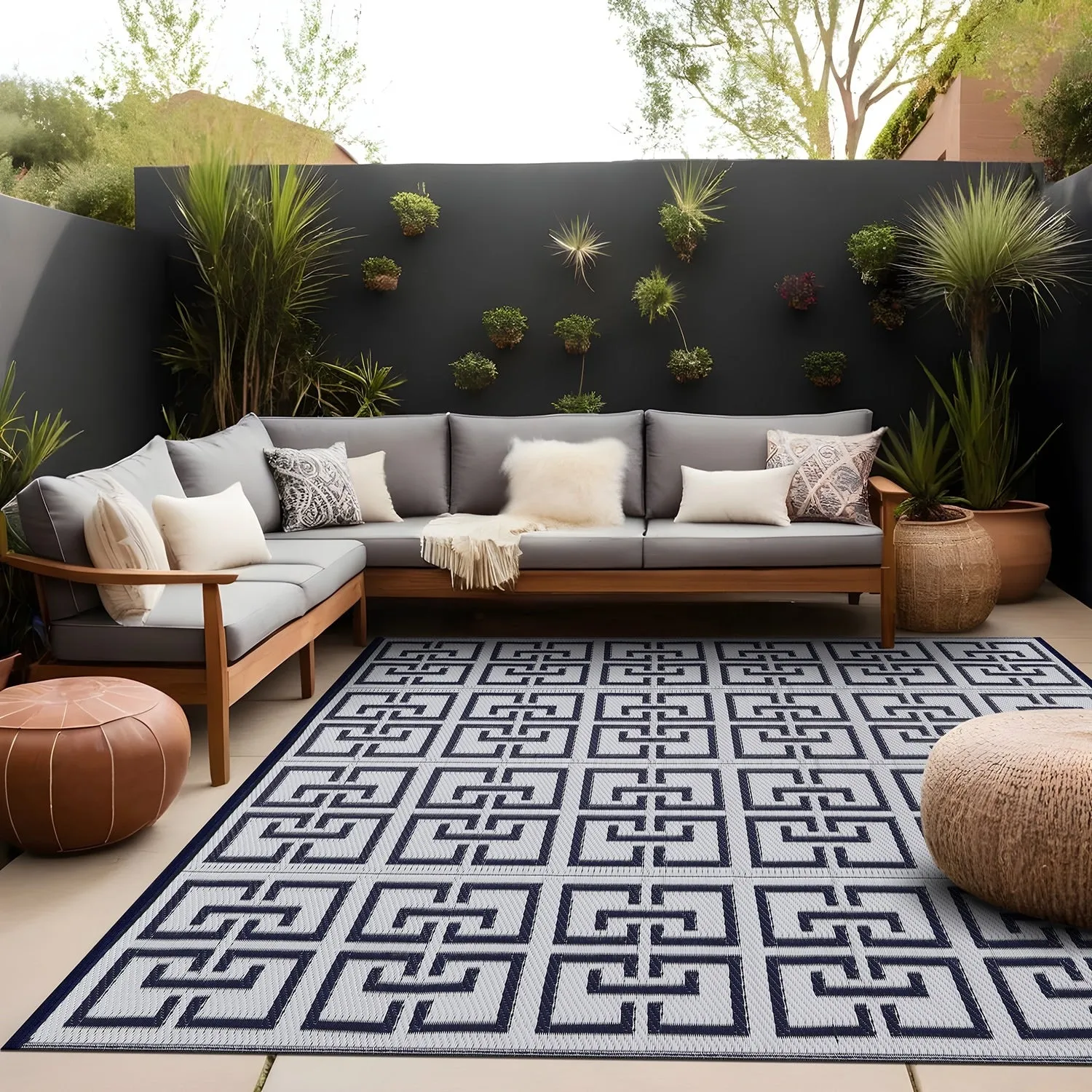Beverly Rug Geometric Greek Key Outdoor Rug Waterproof for Patio. RV Camping