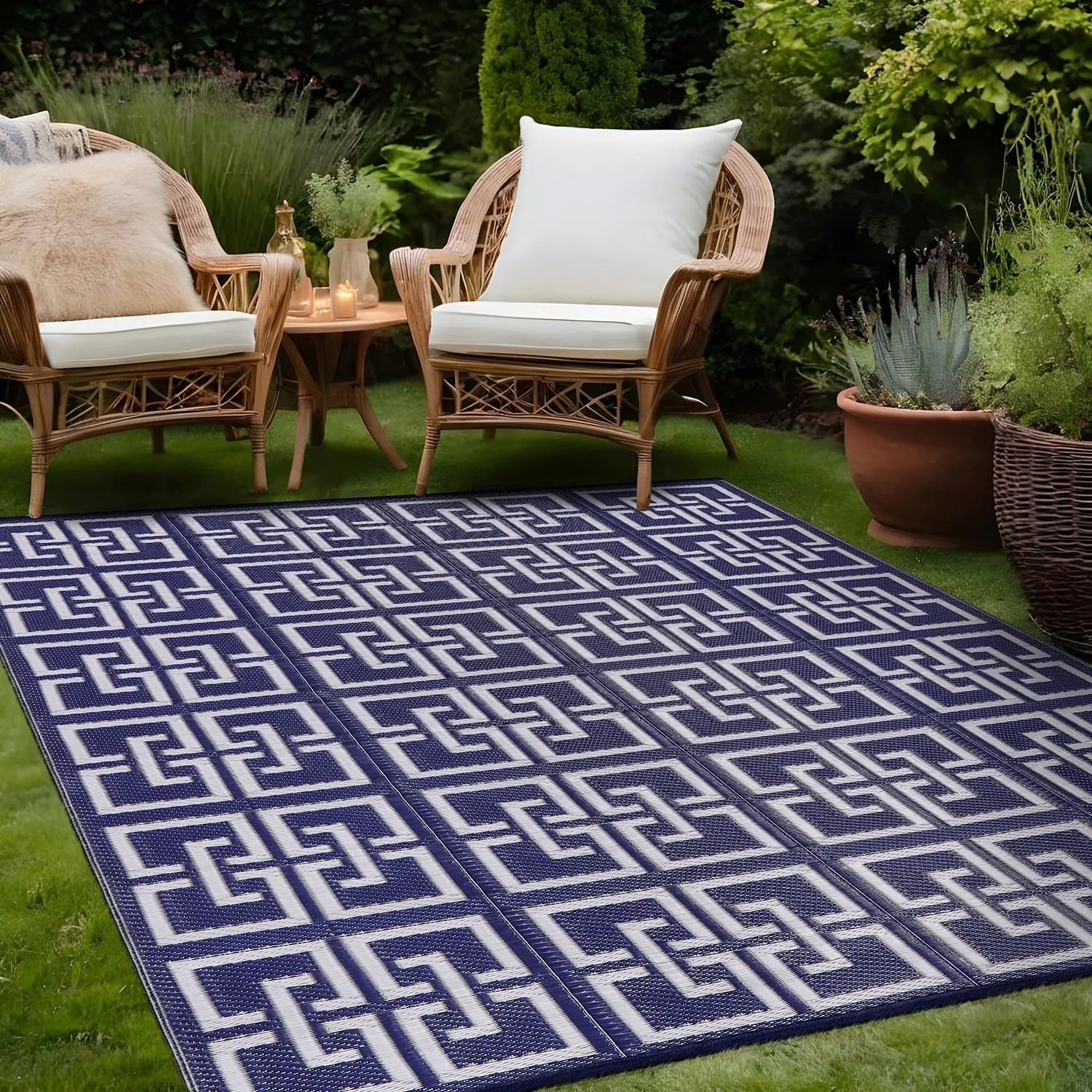 Beverly Rug Geometric Greek Key Outdoor Rug Waterproof for Patio. RV Camping