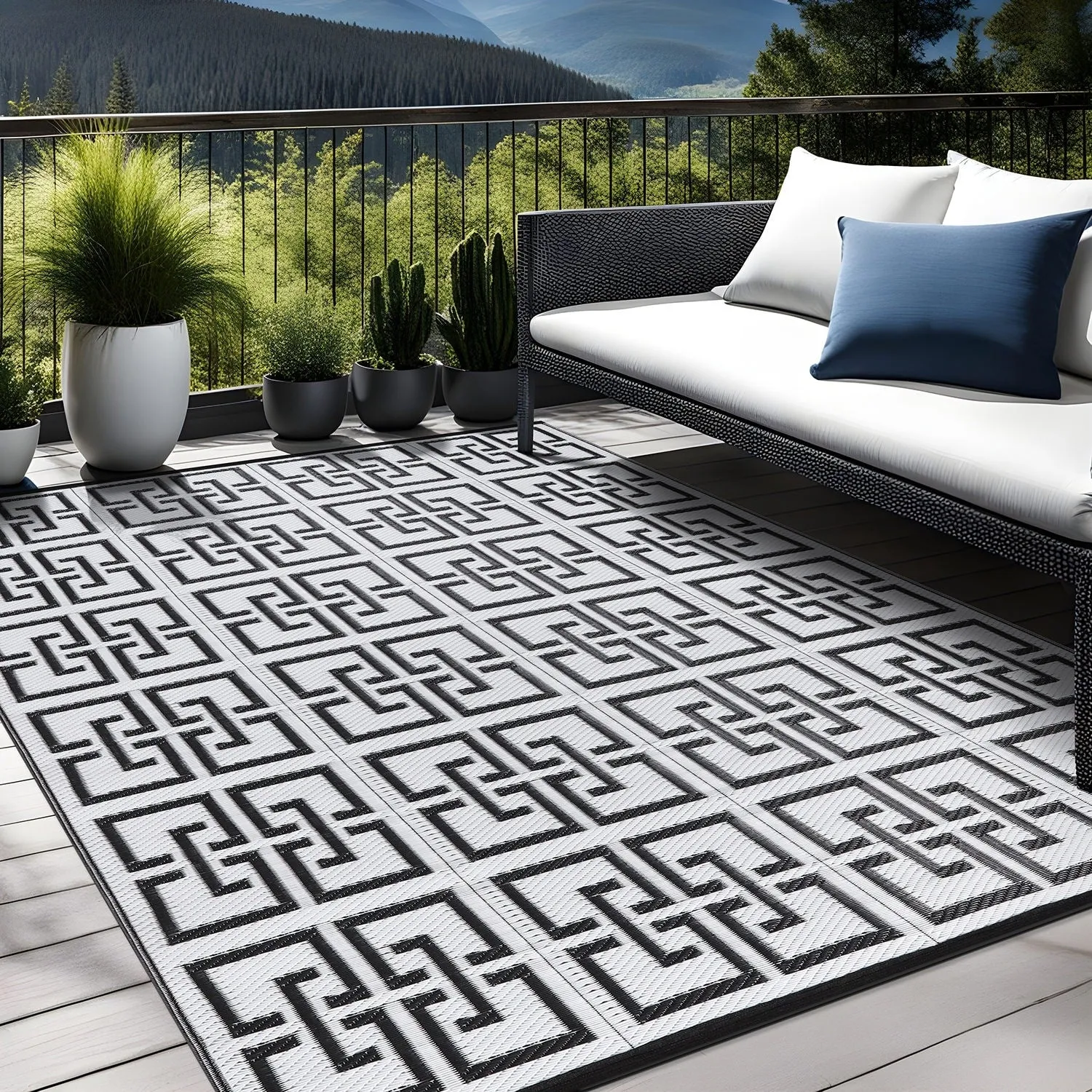 Beverly Rug Geometric Greek Key Outdoor Rug Waterproof for Patio. RV Camping