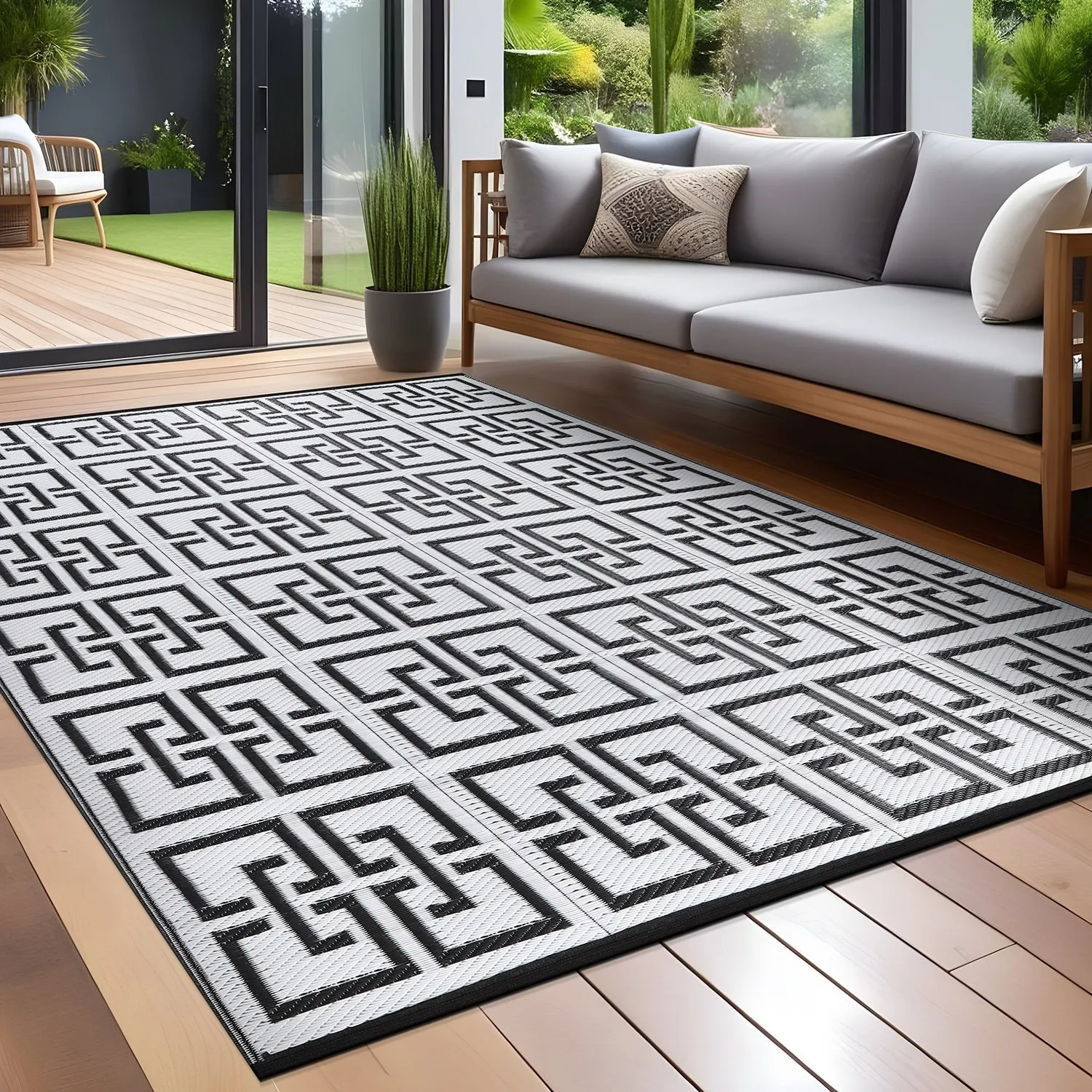 Beverly Rug Geometric Greek Key Outdoor Rug Waterproof for Patio. RV Camping