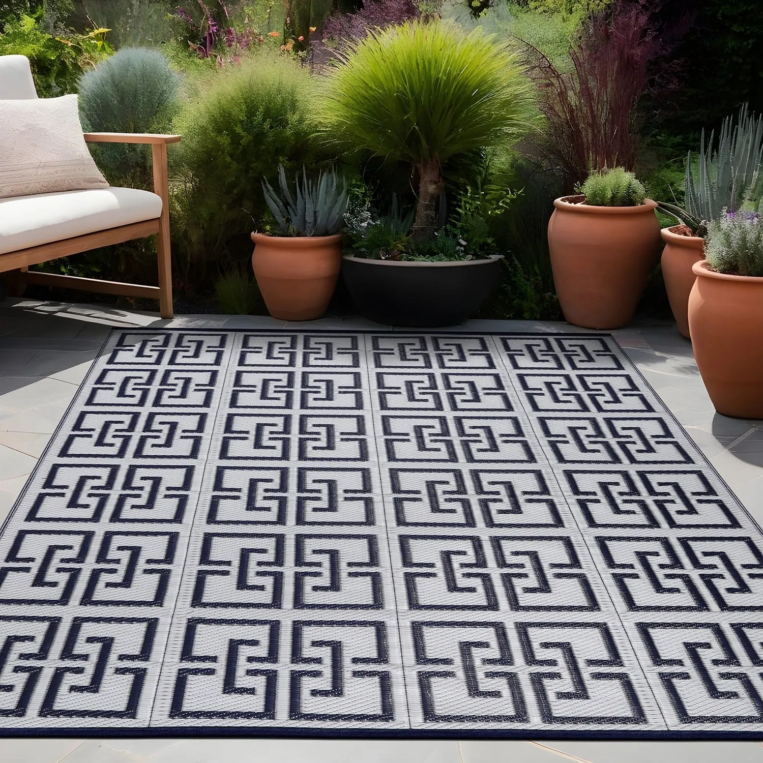 Beverly Rug Geometric Greek Key Outdoor Rug Waterproof for Patio. RV Camping