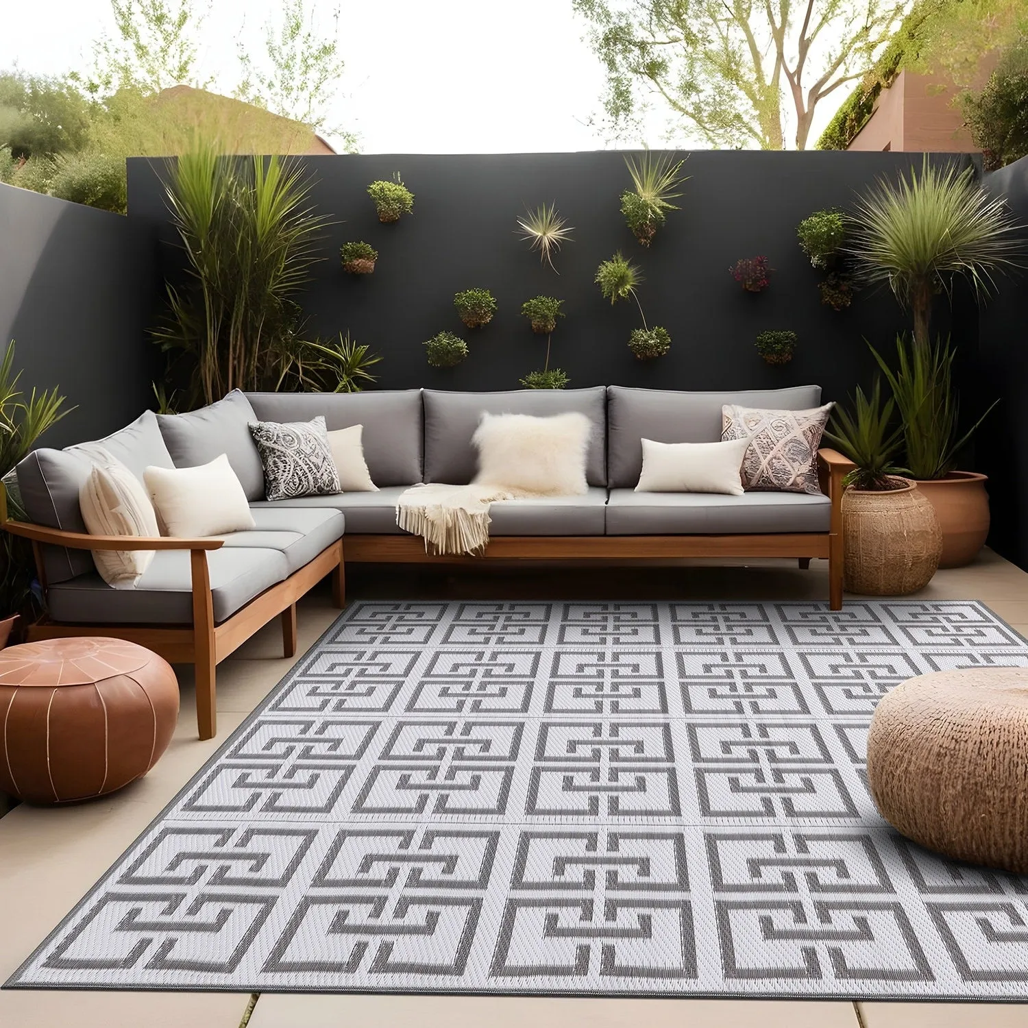 Beverly Rug Geometric Greek Key Outdoor Rug Waterproof for Patio. RV Camping