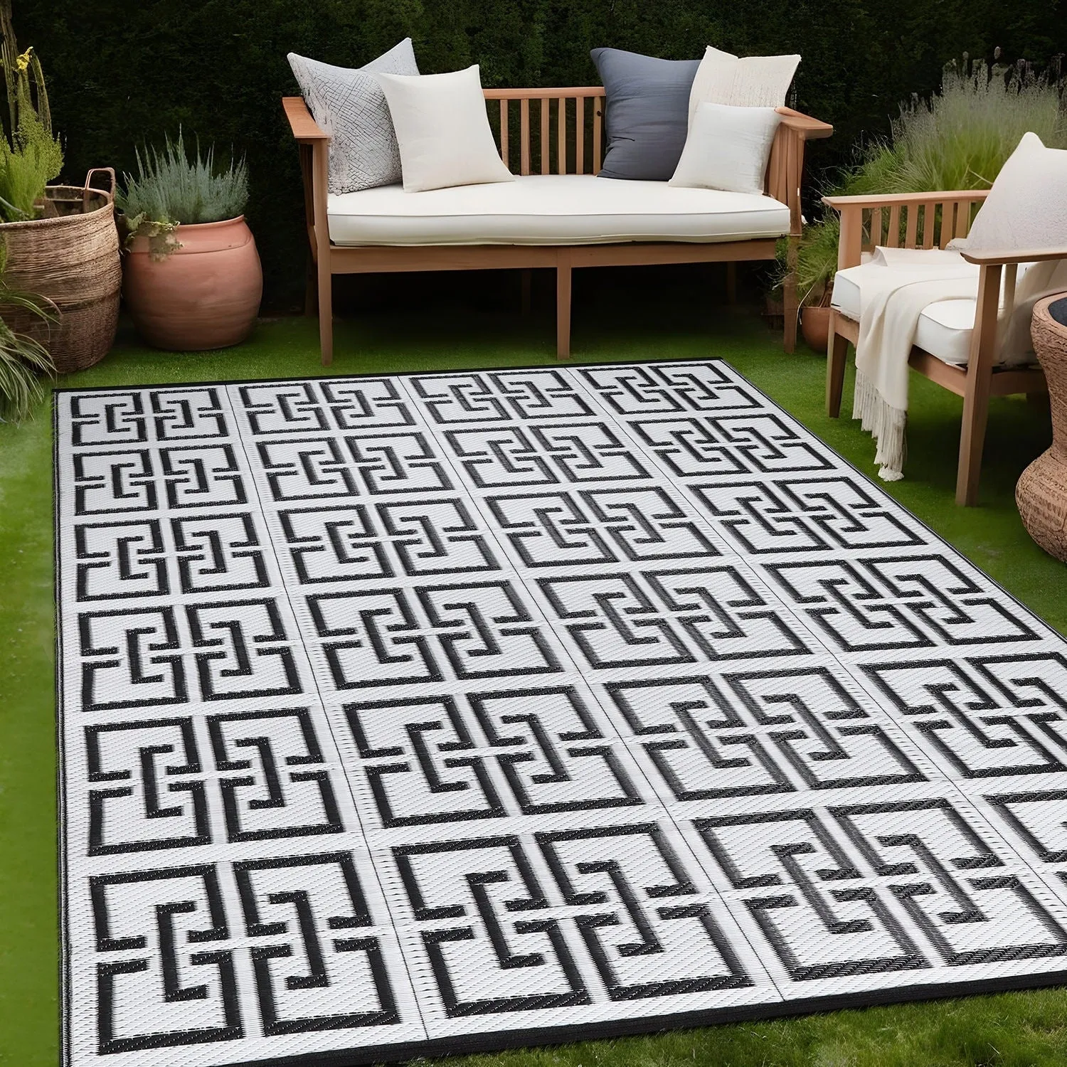 Beverly Rug Geometric Greek Key Outdoor Rug Waterproof for Patio. RV Camping