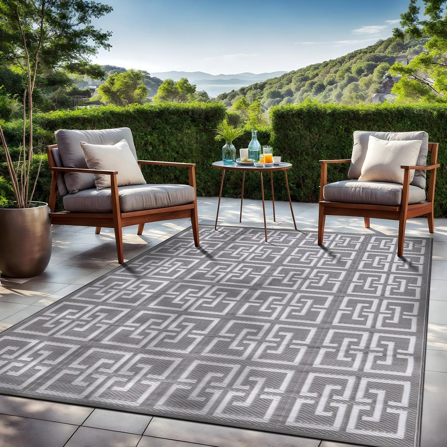 Beverly Rug Geometric Greek Key Outdoor Rug Waterproof for Patio. RV Camping
