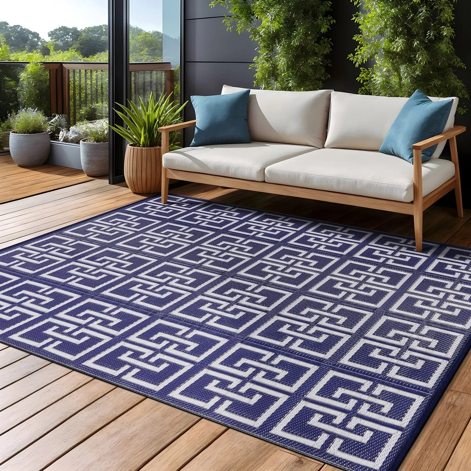 Beverly Rug Geometric Greek Key Outdoor Rug Waterproof for Patio. RV Camping