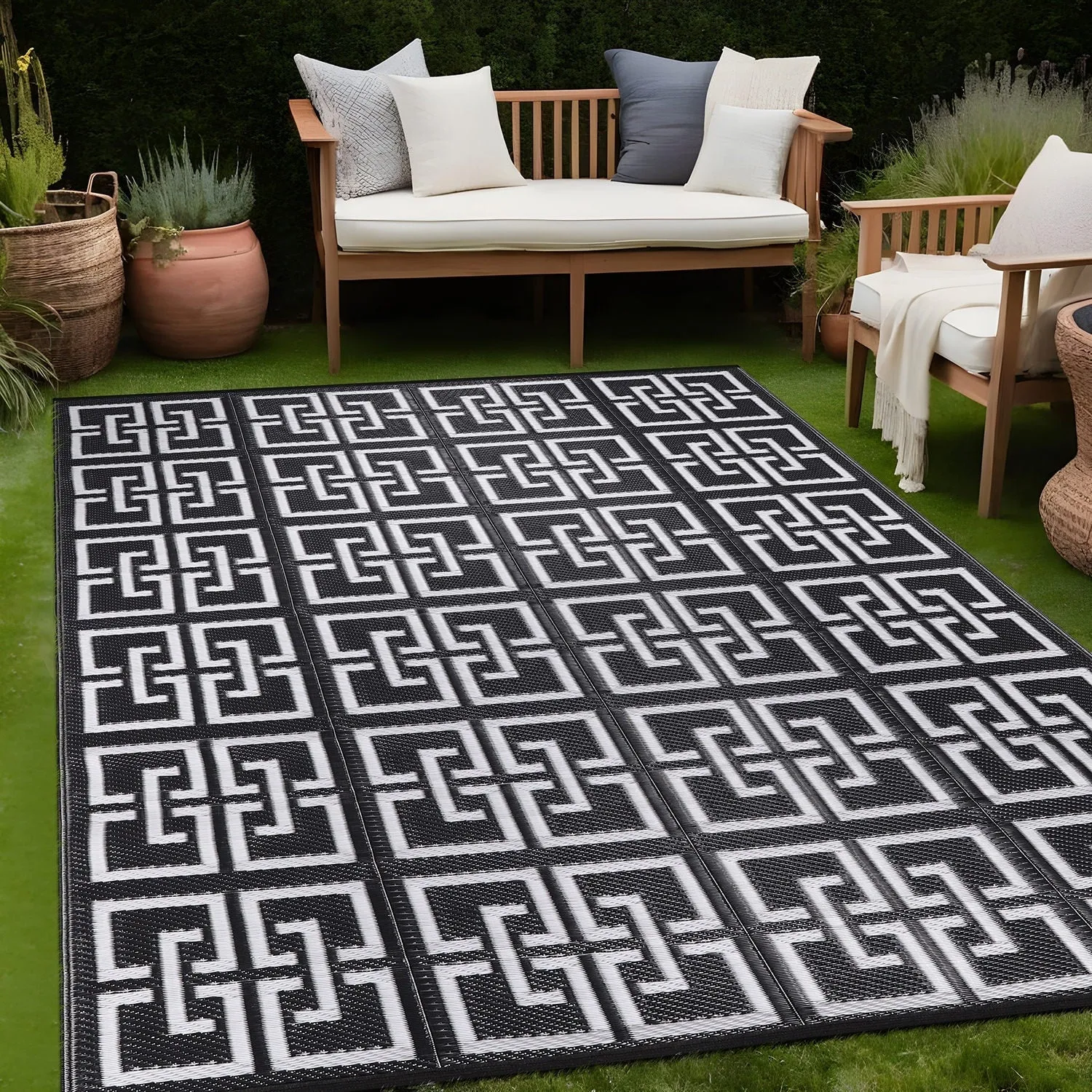 Beverly Rug Geometric Greek Key Outdoor Rug Waterproof for Patio. RV Camping