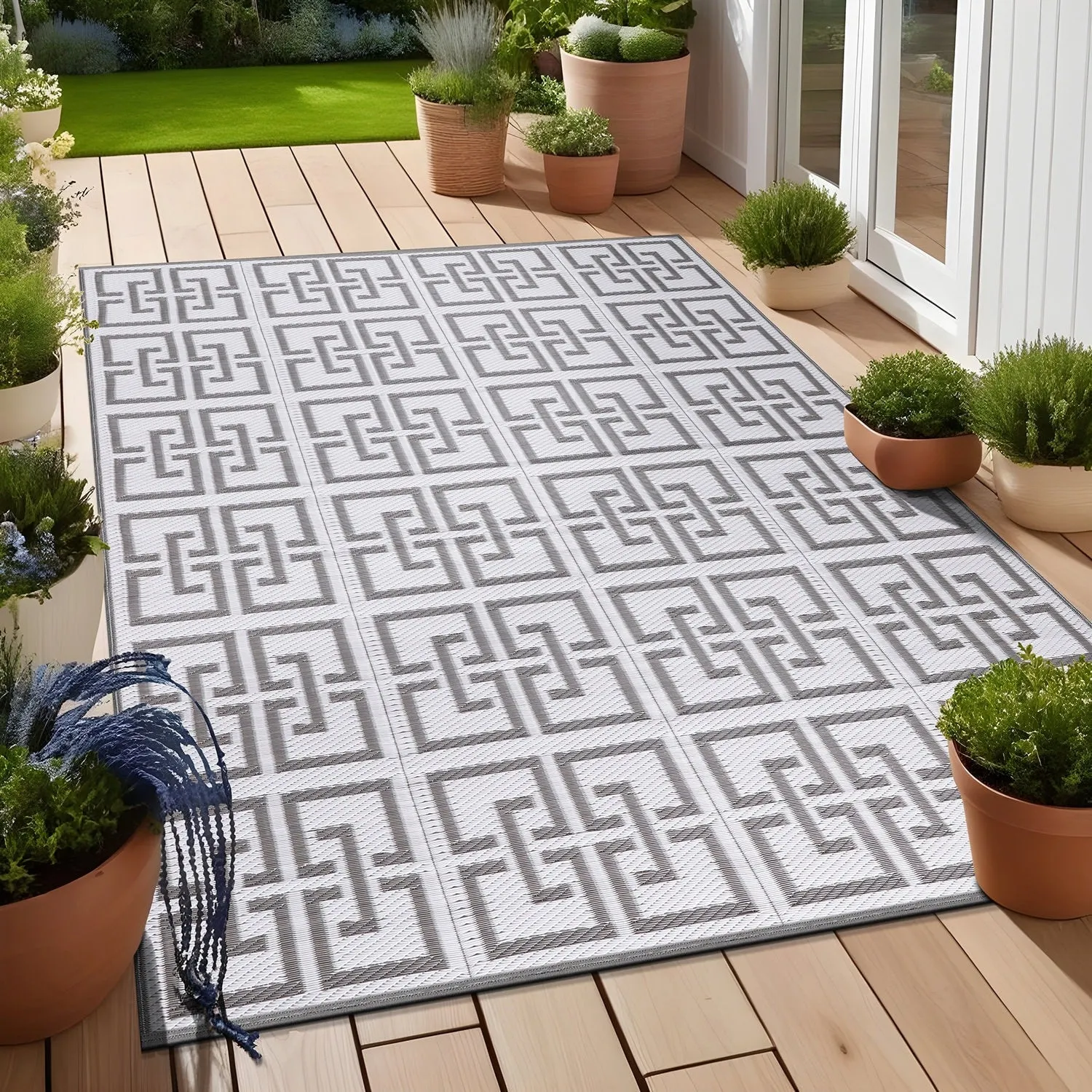 Beverly Rug Geometric Greek Key Outdoor Rug Waterproof for Patio. RV Camping