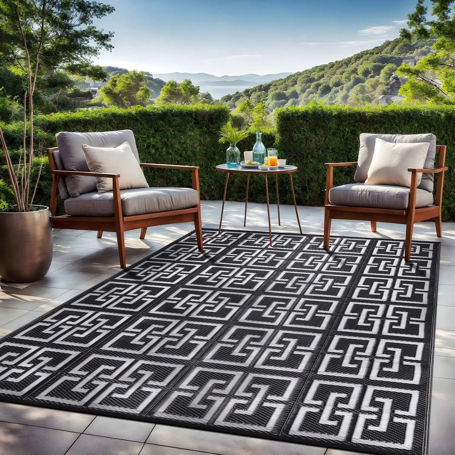Beverly Rug Geometric Greek Key Outdoor Rug Waterproof for Patio. RV Camping